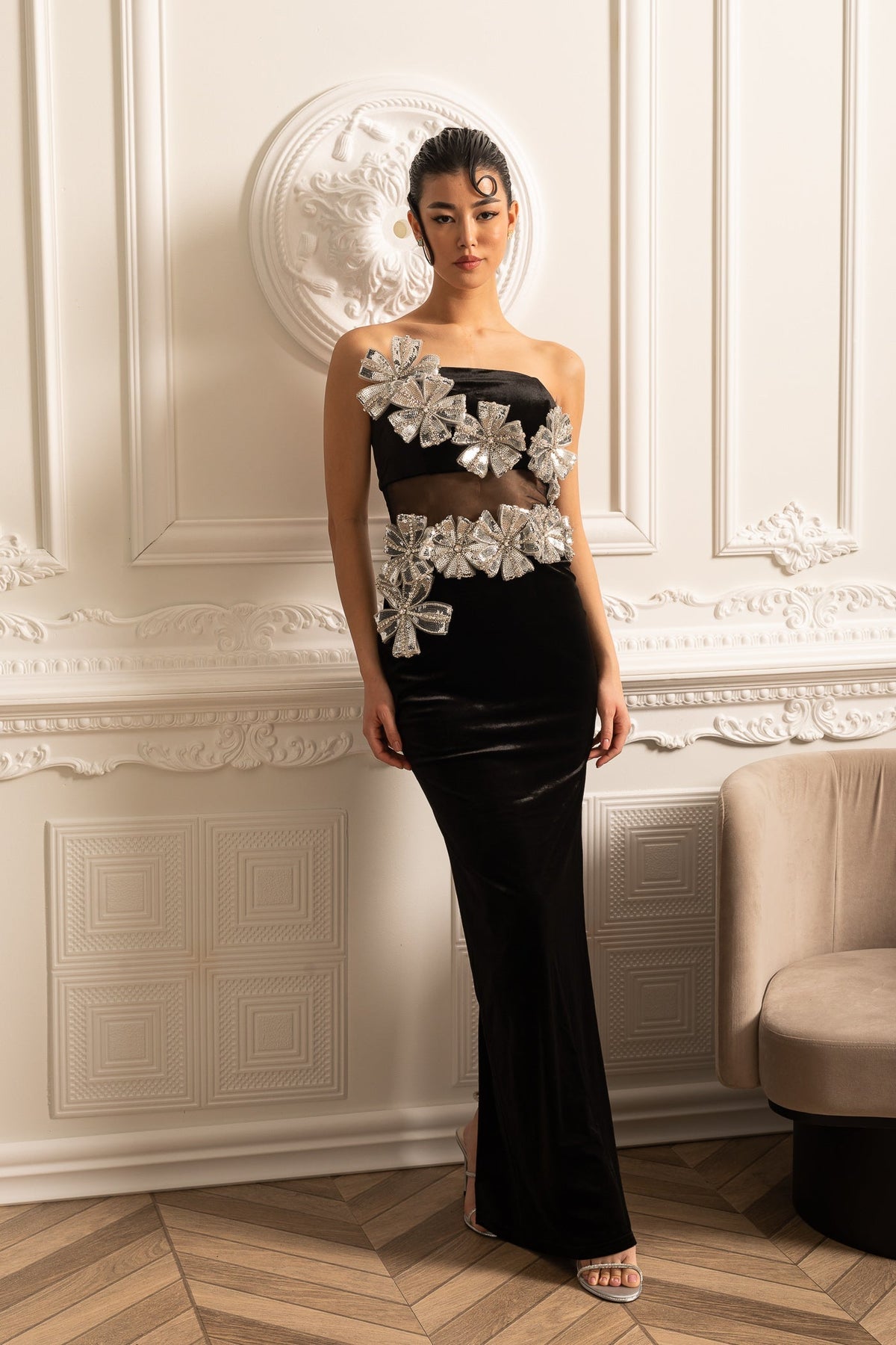 Velvet Strapless Mesh Waist Cut Out Floral Applique Maxi Gown - View 7