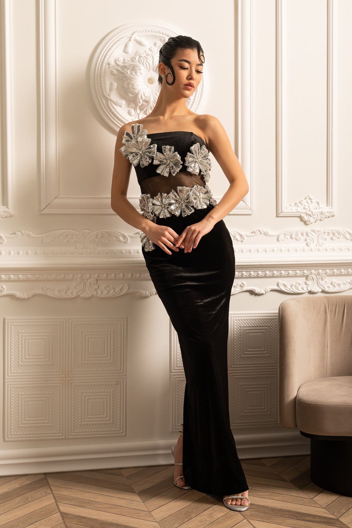 Velvet Strapless Mesh Waist Cut Out Floral Applique Maxi Gown - View 9