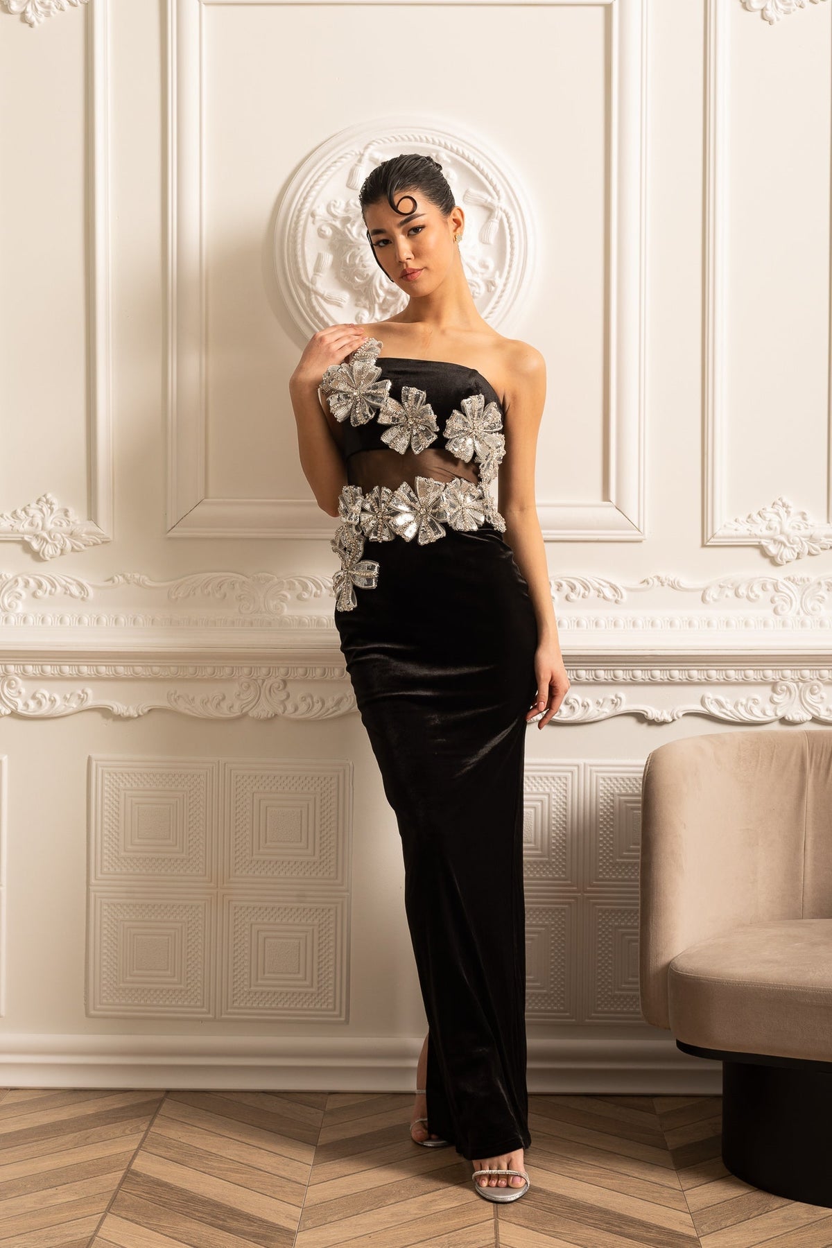 Velvet Strapless Mesh Waist Cut Out Floral Applique Maxi Gown - View 11