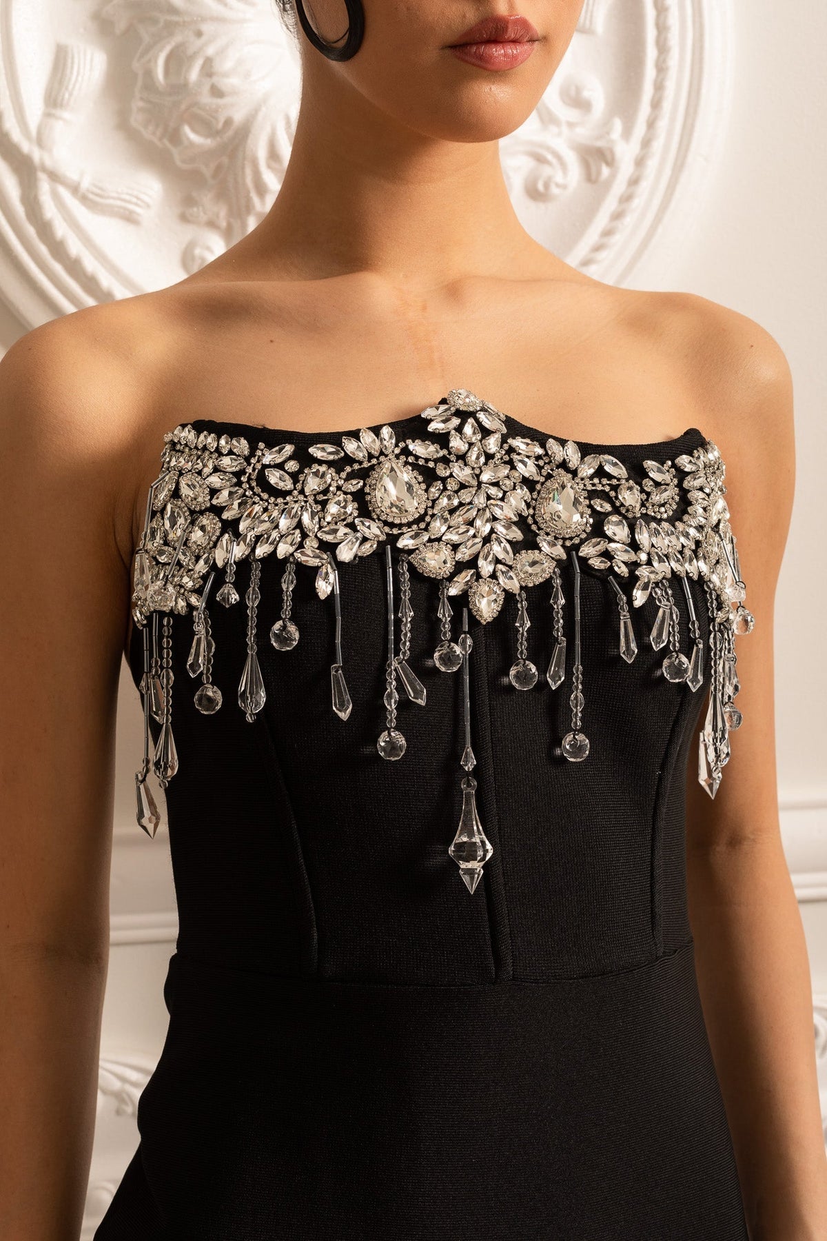Corset Strapless Rhinestone Pearl Fringe Bodice Column Maxi Gown - View 7