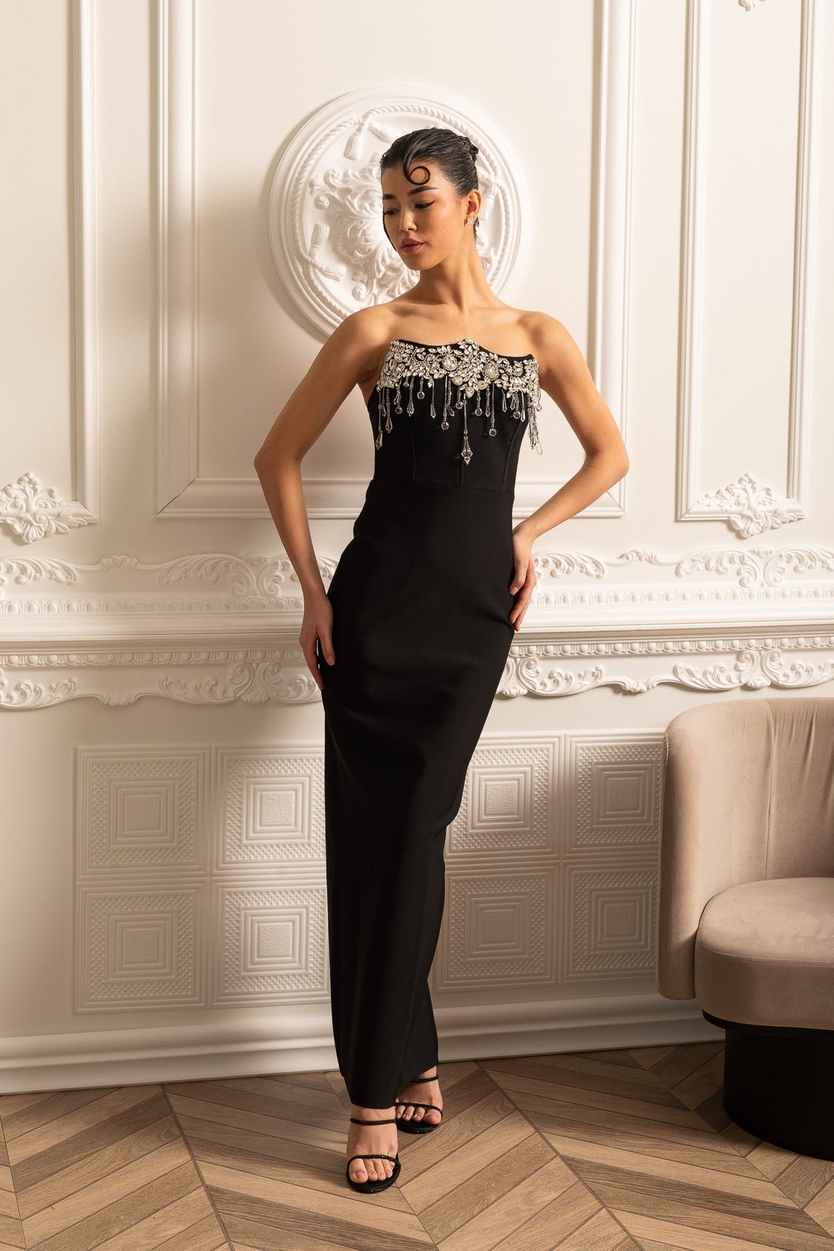 Corset Strapless Rhinestone Pearl Fringe Bodice Column Maxi Gown - View 8