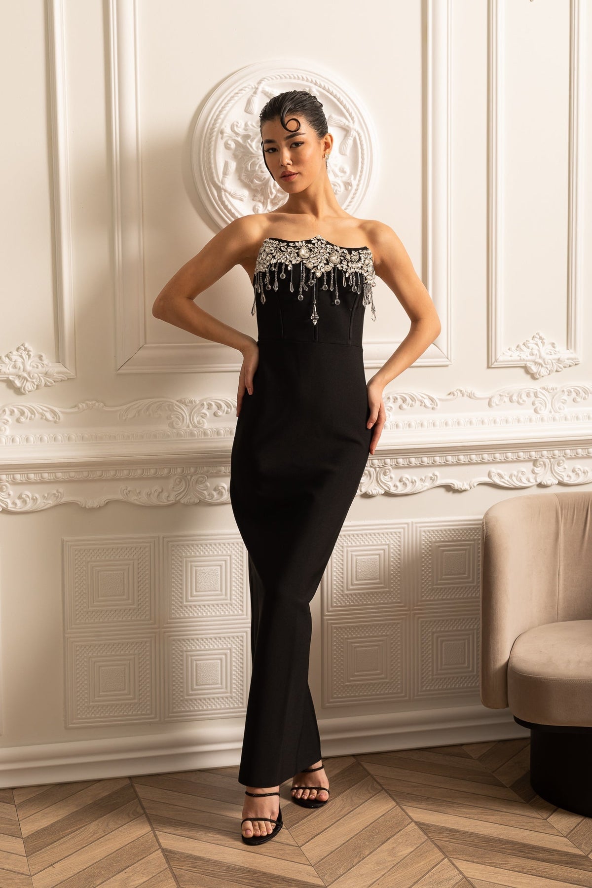 Corset Strapless Rhinestone Pearl Fringe Bodice Column Maxi Gown - View 4