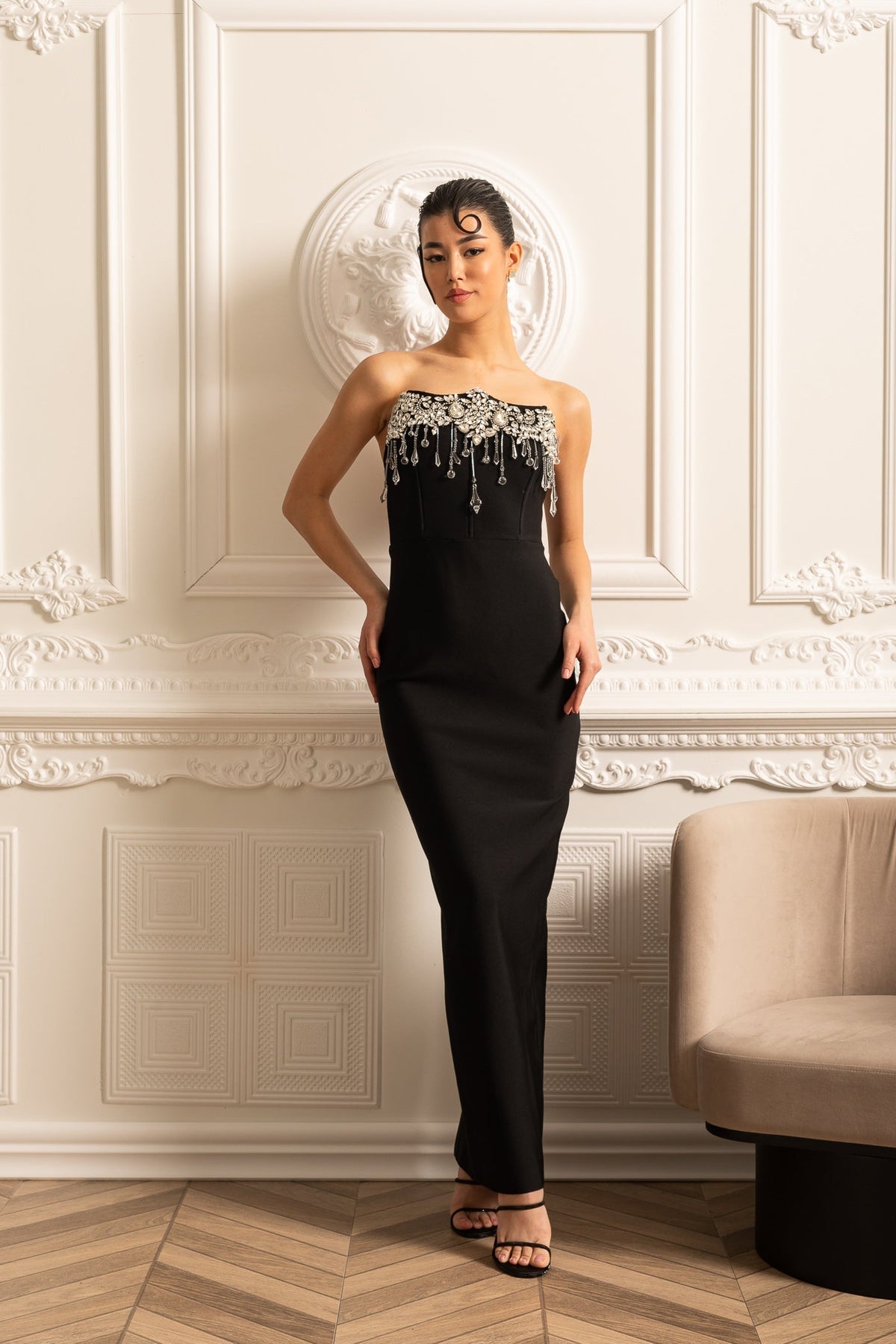 Corset Strapless Rhinestone Pearl Fringe Bodice Column Maxi Gown - View 5