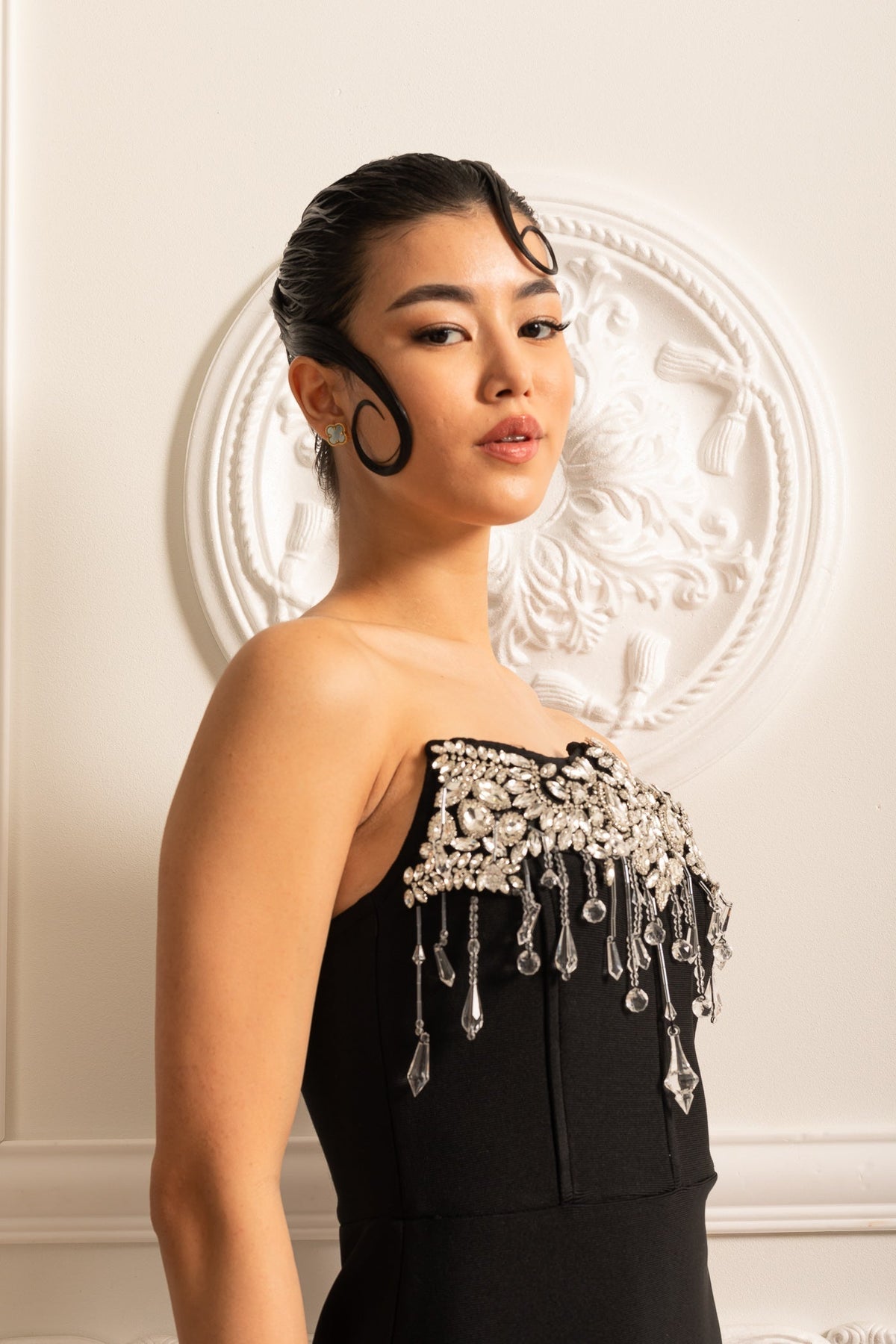 Corset Strapless Rhinestone Pearl Fringe Bodice Column Maxi Gown - View 11