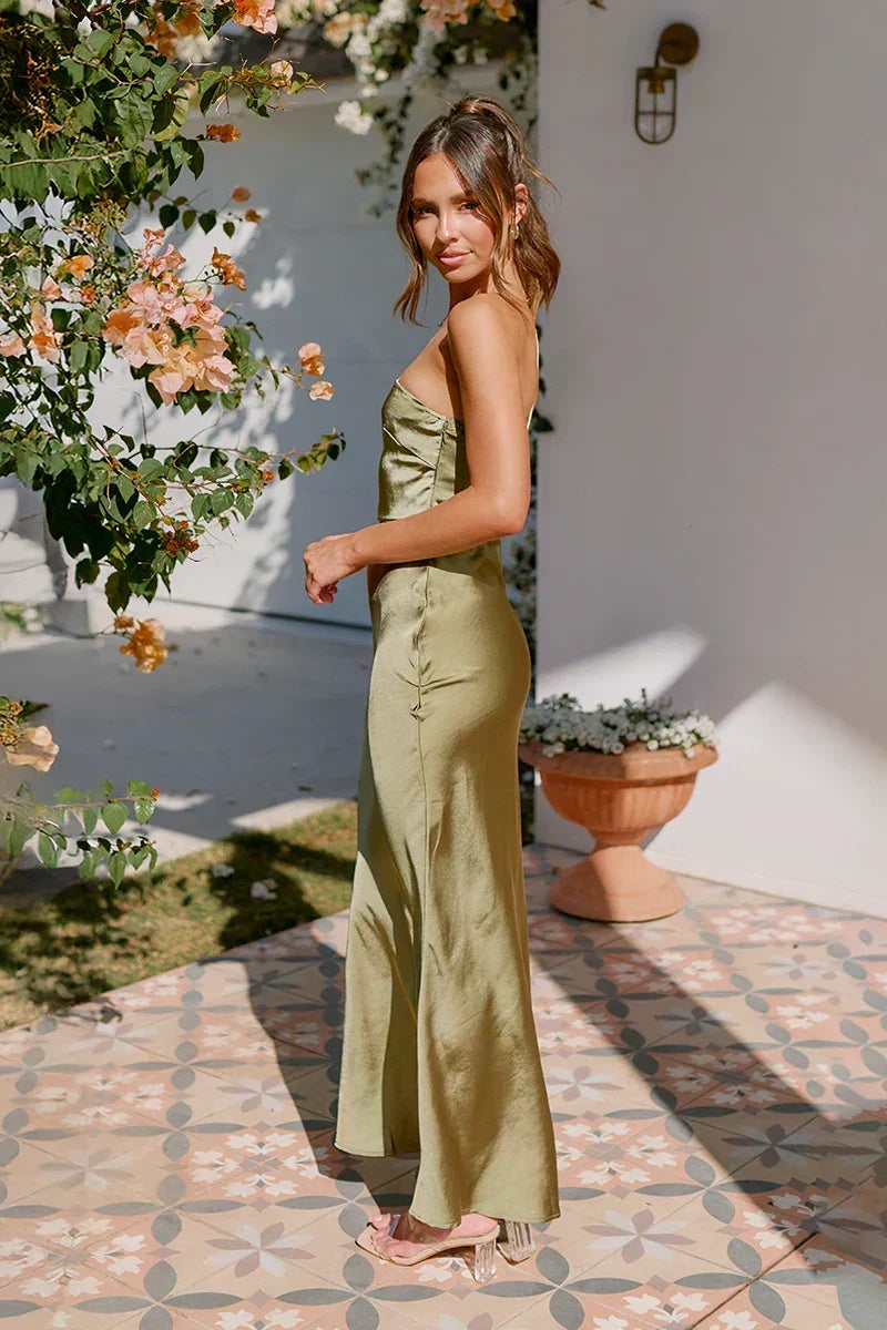 Satin Spaghetti Strap V-Neck Wrap High Split Maxi Gown - View 3