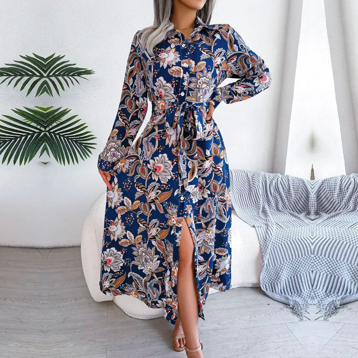 Floral Print Collar Button Front Long Sleeve Belted Shirt Maxi Dress