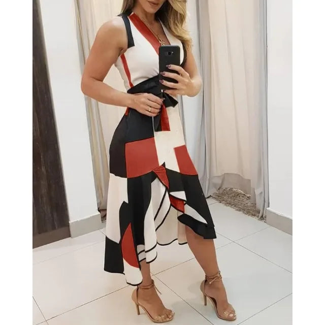 Deep V-Neck Wide Strap Tie Belt Asymmetric Ruffle Hem Midi Dress - View 7