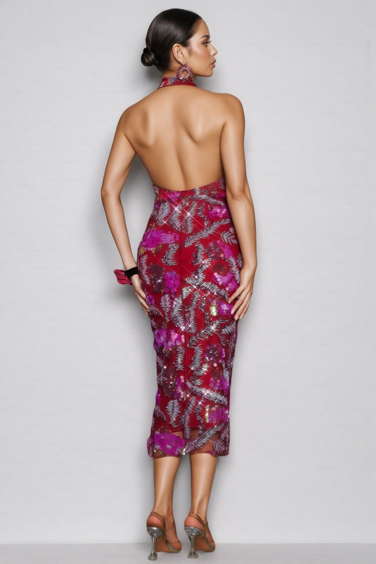 Sequin Floral Halter Neck Backless Bodycon Midi Dress - View 4