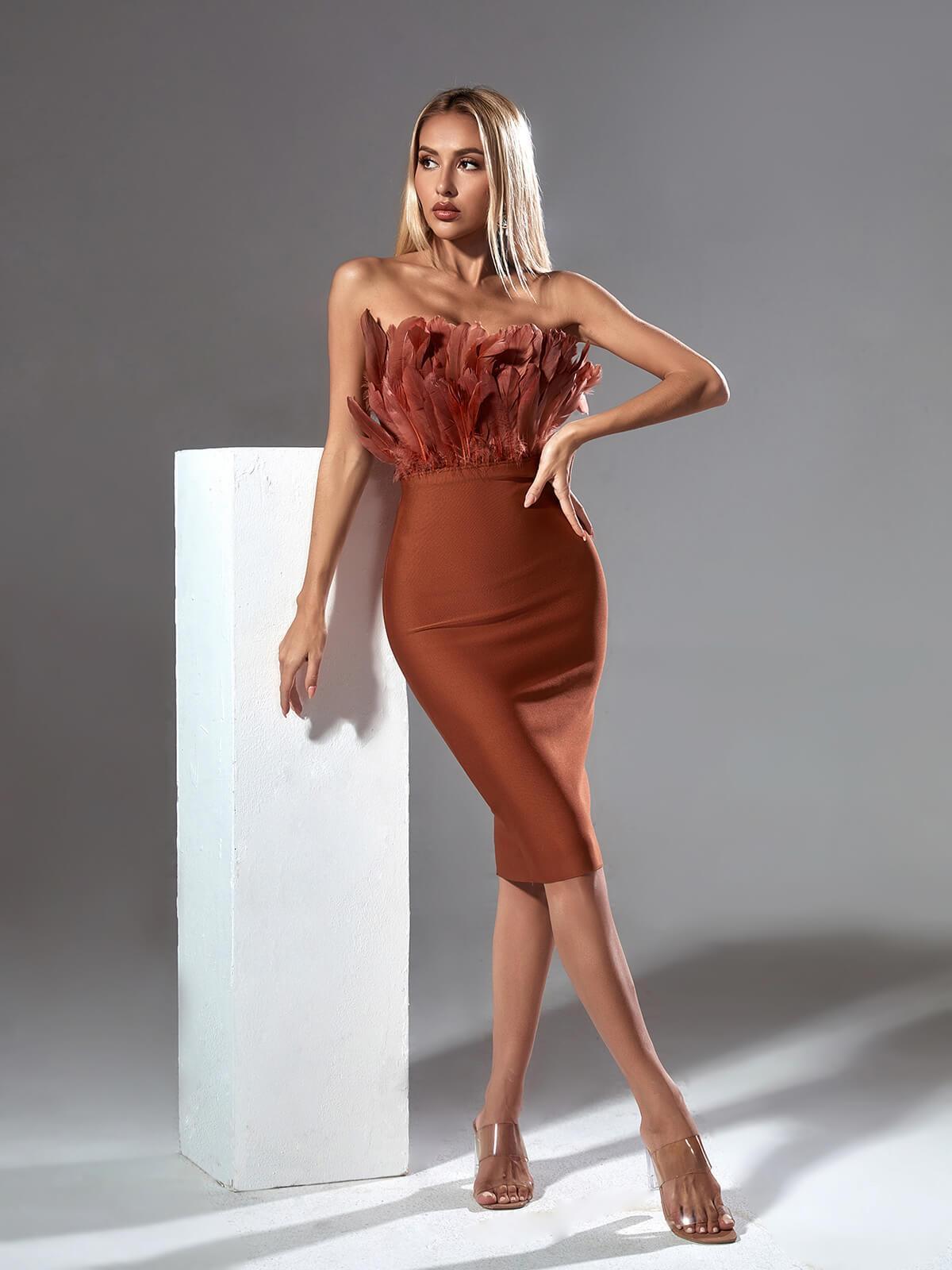 Feather Strapless Bandage Midi Dress - View 4