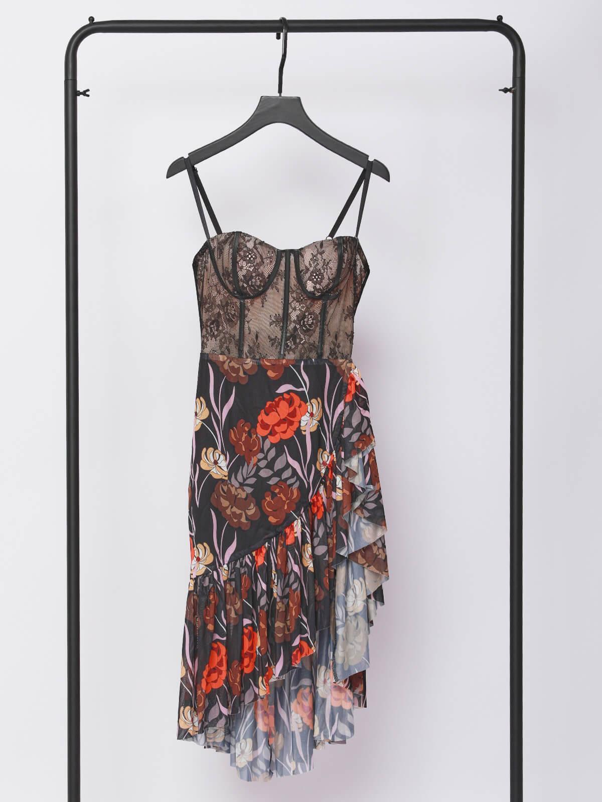 Floral Print Corset Spaghetti Strap High Low Midi Dress - View 7