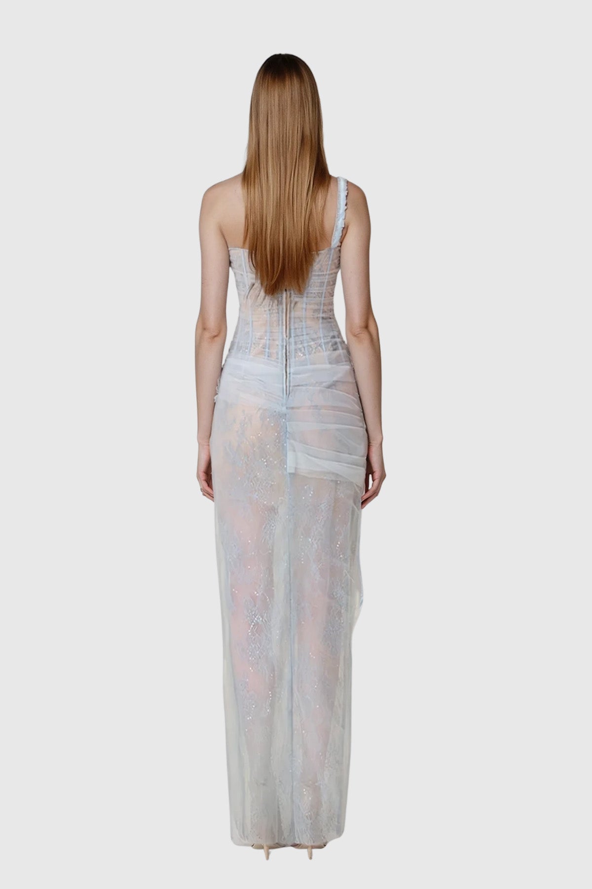 Dechen One Shoulder Corset Mesh Maxi Dress In Blue - View 5