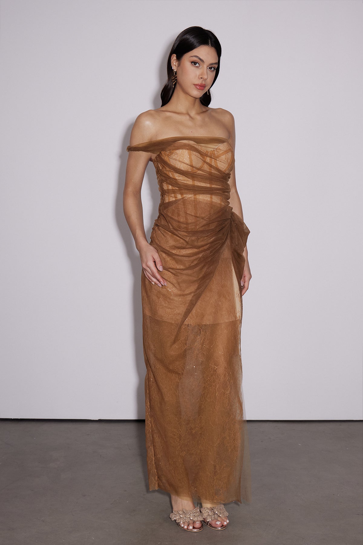 Dechen One Shoulder Corset Mesh Maxi Dress In Brown - View 2