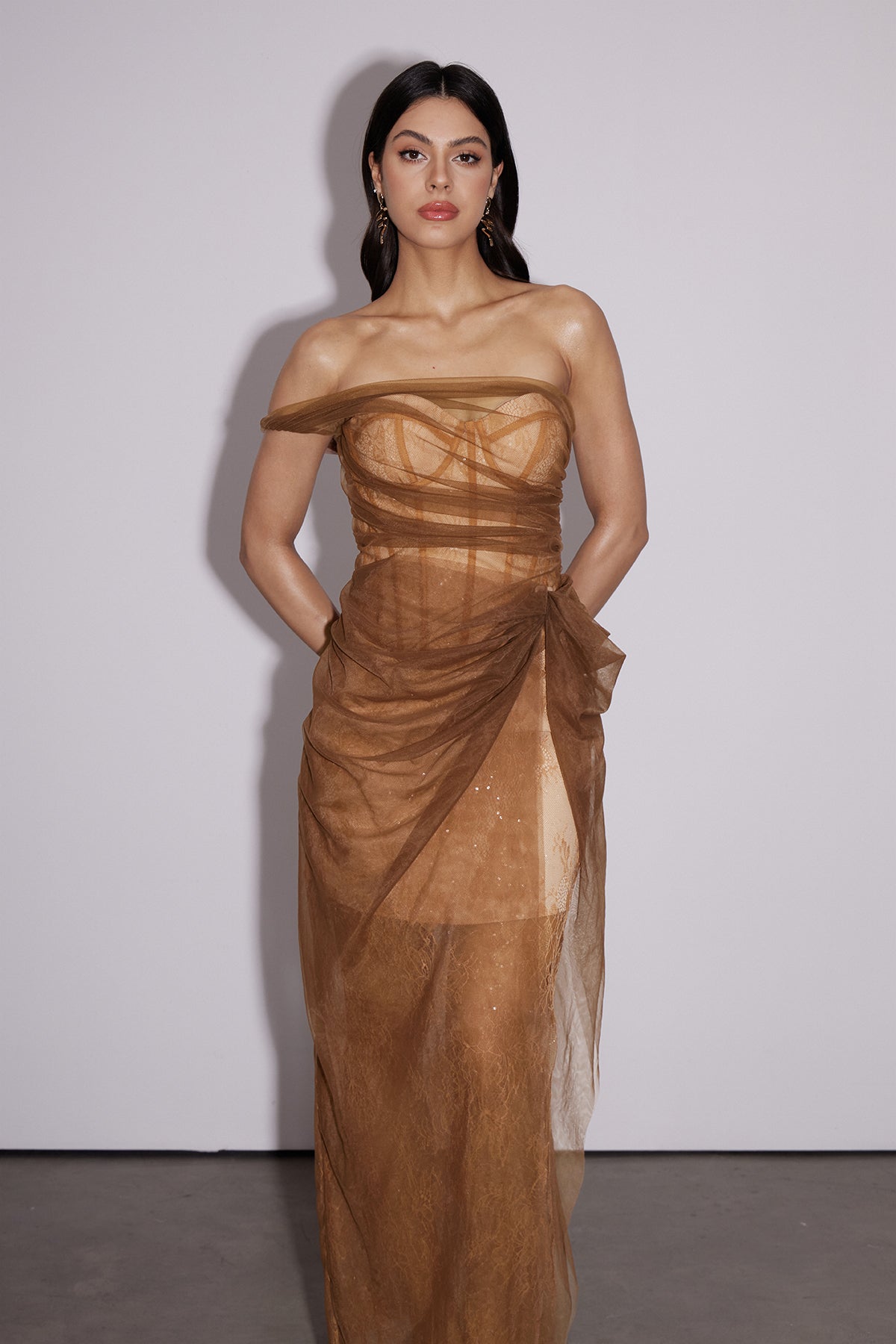 Dechen One Shoulder Corset Mesh Maxi Dress In Brown - View 5