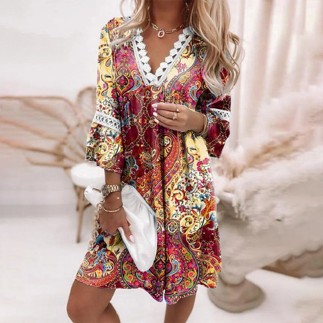 Lace Trim V-Neck Bell Sleeve Shift Mini Dress - View 2