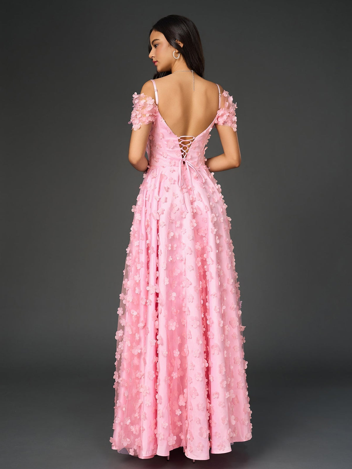Off Shoulder Deep V-Neck 3D Floral A-Line Maxi Prom Dress - View 2