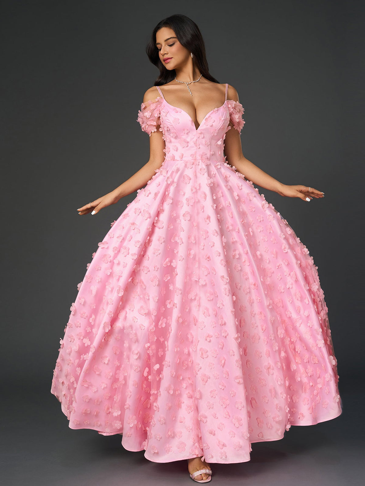 Off Shoulder Deep V-Neck 3D Floral A-Line Maxi Prom Dress - View 5