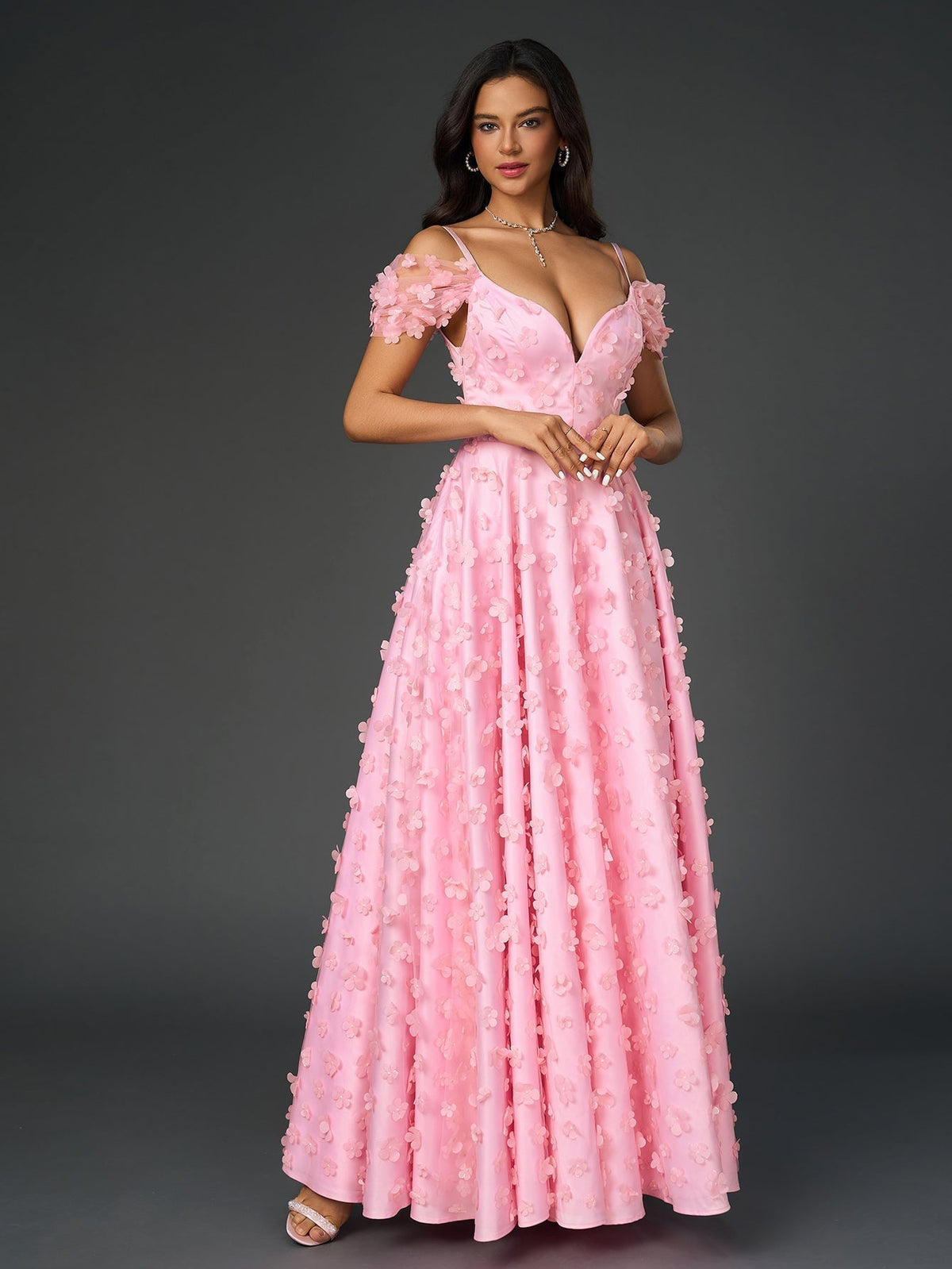 Off Shoulder Deep V-Neck 3D Floral A-Line Maxi Prom Dress - View 3