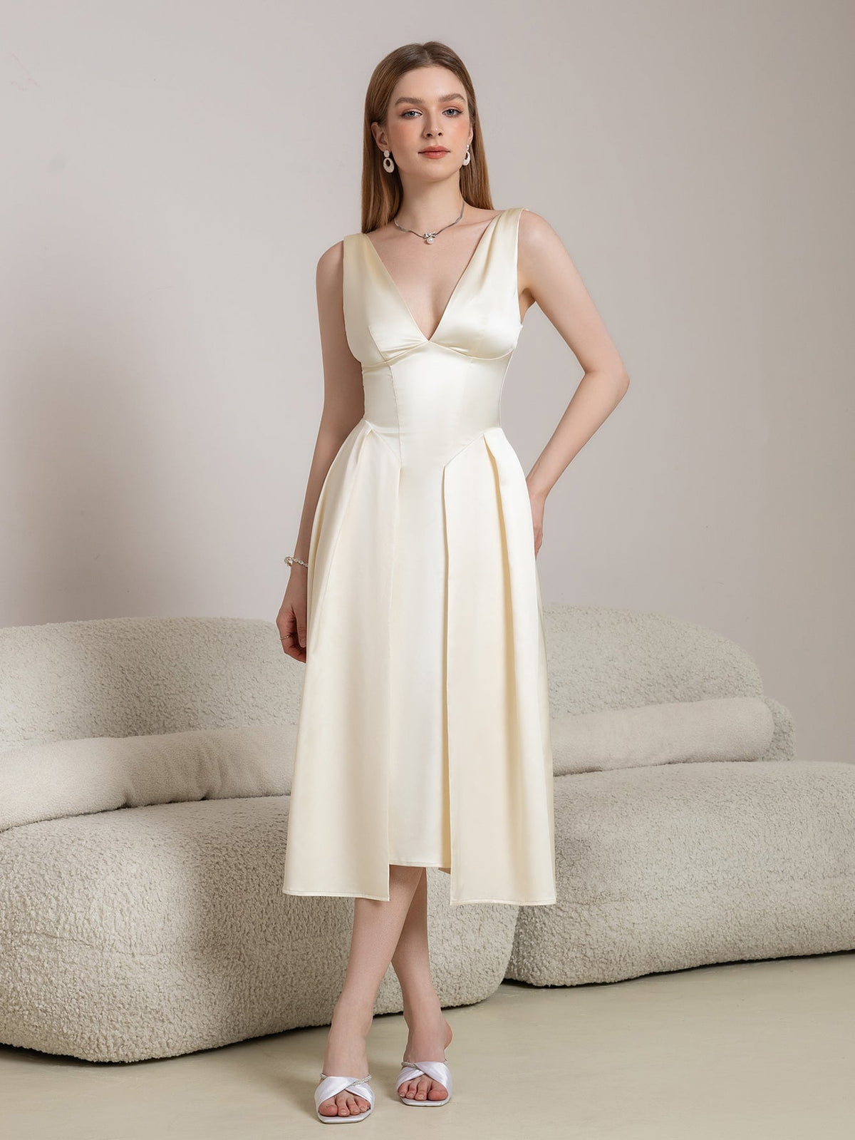 Deep V-Neck Satin Prom Midi Dress - View 5