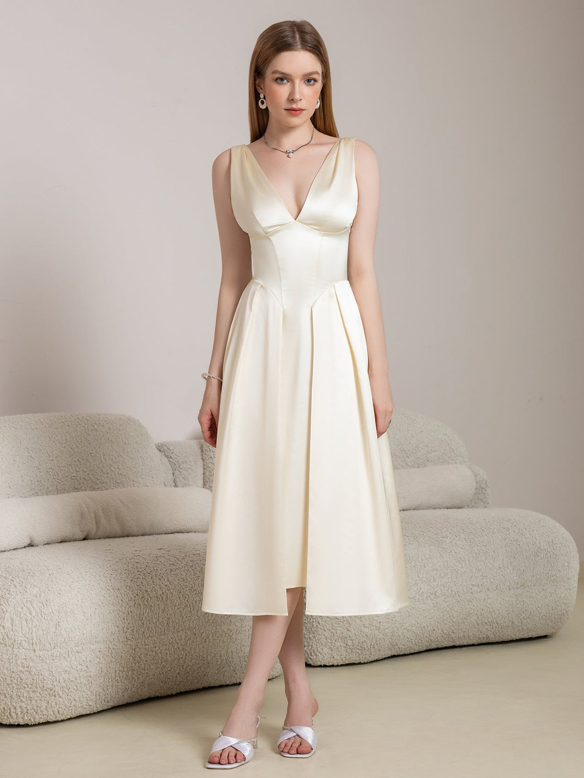 Deep V-Neck Satin Prom Midi Dress