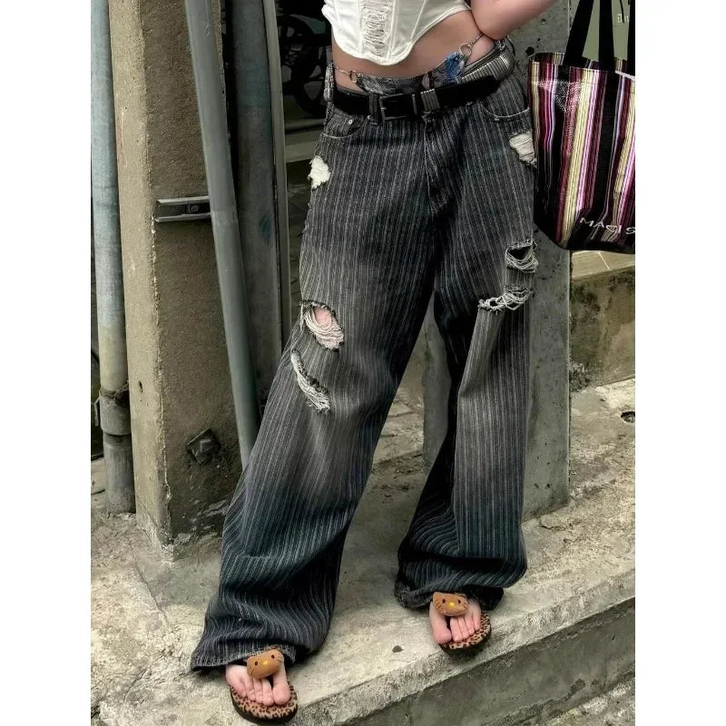 Striped Vintage Y2K Women Jeans Pants black / S
