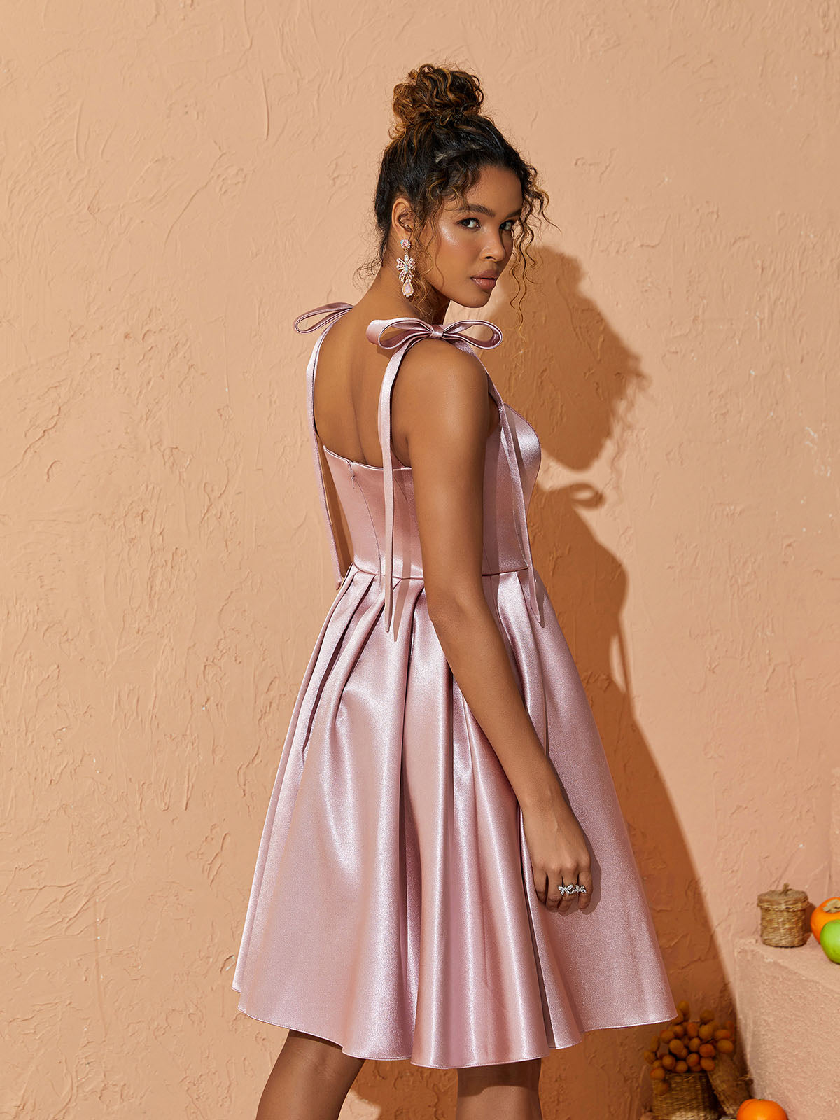 Satin Square Neck Tie Shoulder Bow Pleated Fit and Flare Midi Dress - View 5