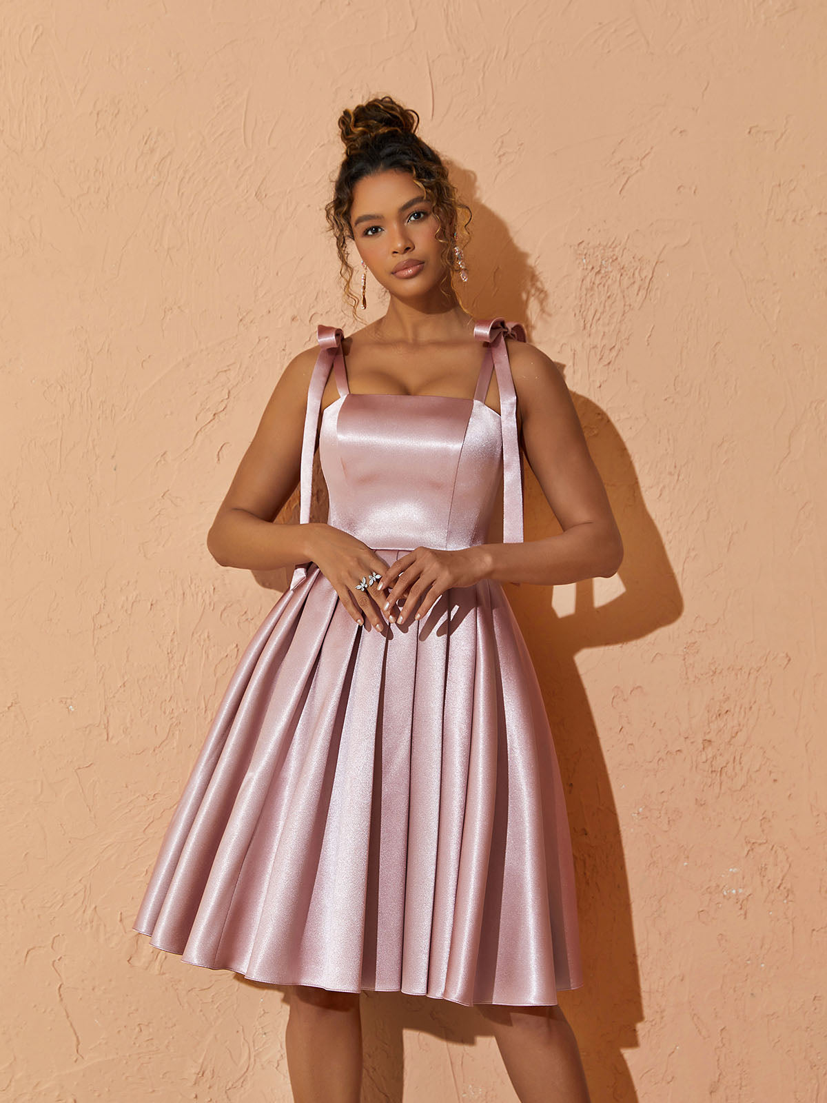 Satin Square Neck Tie Shoulder Bow Pleated Fit and Flare Midi Dress - View 3