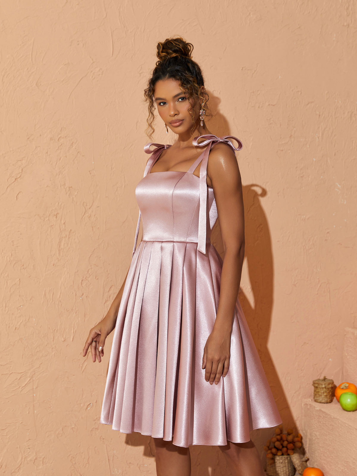 Satin Square Neck Tie Shoulder Bow Pleated Fit and Flare Midi Dress - View 4