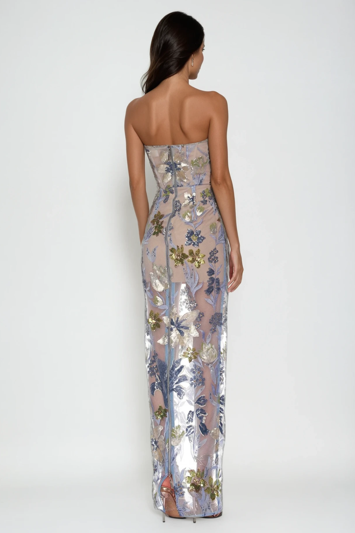 Strapless Sweetheart Floral Sequin Sheer Mesh Maxi Gown - View 3