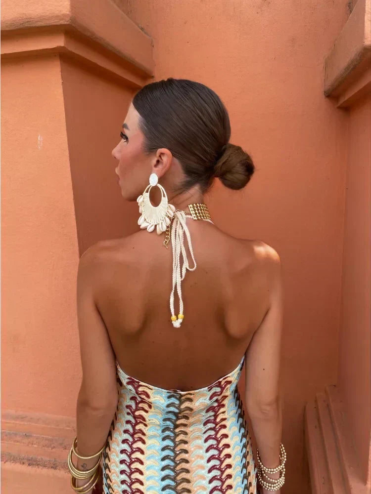 Crochet Knit Halter Neck Deep V-Neck Cord Trim Bodycon Midi Dress - View 2
