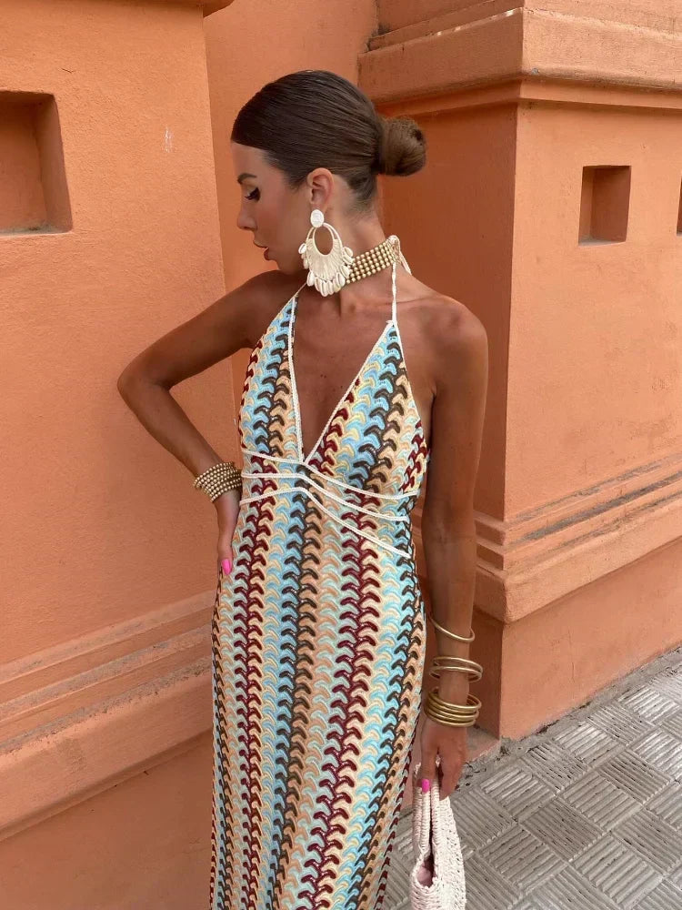 Crochet Knit Halter Neck Deep V-Neck Cord Trim Bodycon Midi Dress - View 3