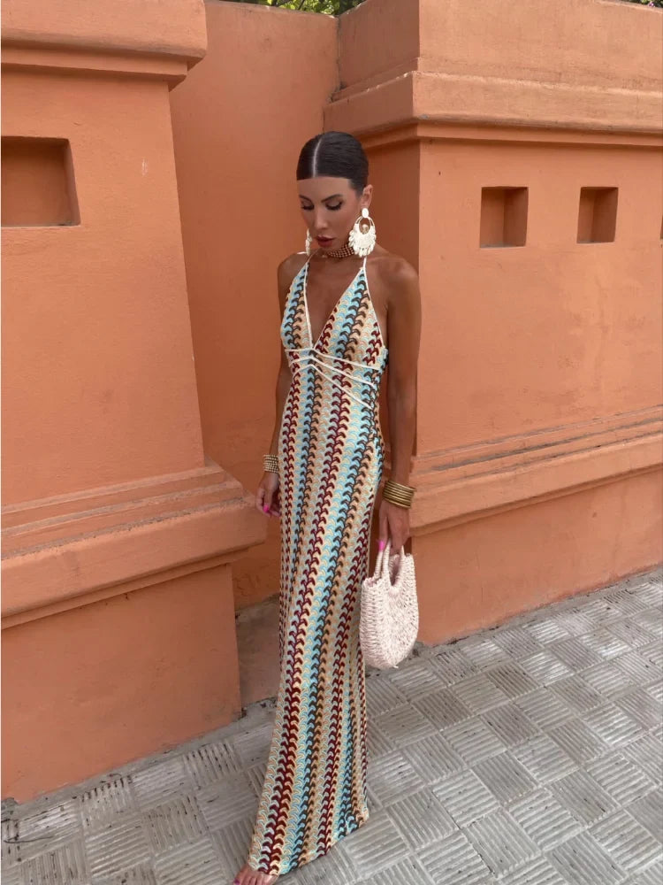 Crochet Knit Halter Neck Deep V-Neck Cord Trim Bodycon Midi Dress - View 4