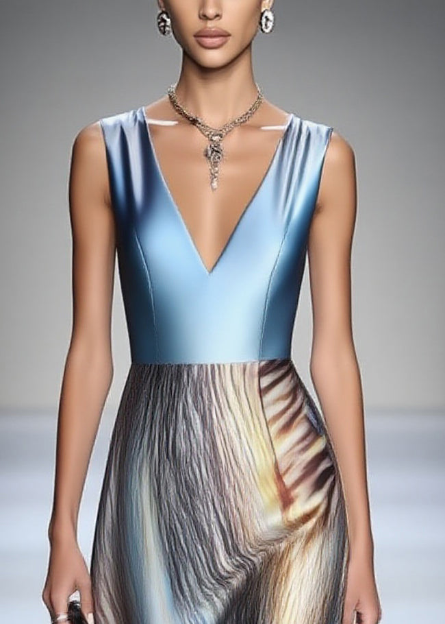 Satin Sleeveless V-Neck Metallic Bodice Abstract Print Midi Dress - View 2
