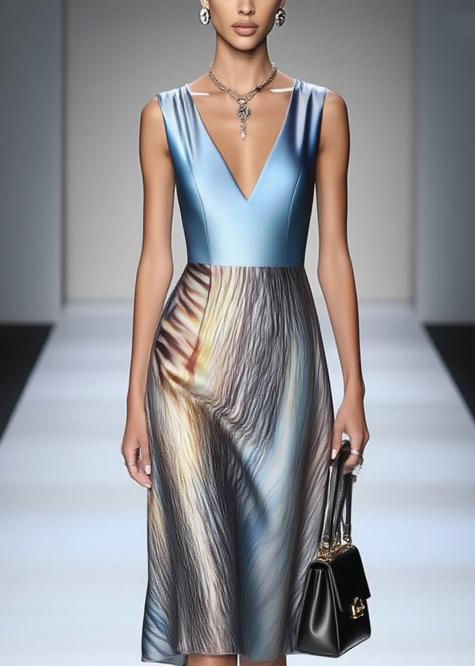 Satin Sleeveless V-Neck Metallic Bodice Abstract Print Midi Dress - View 3