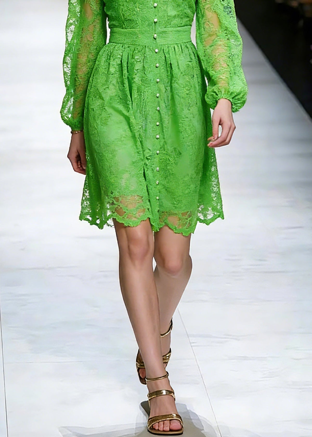 Lace V-Neck Mandarin Collar Bishop Sleeve Button Front Midi Dress - View 4