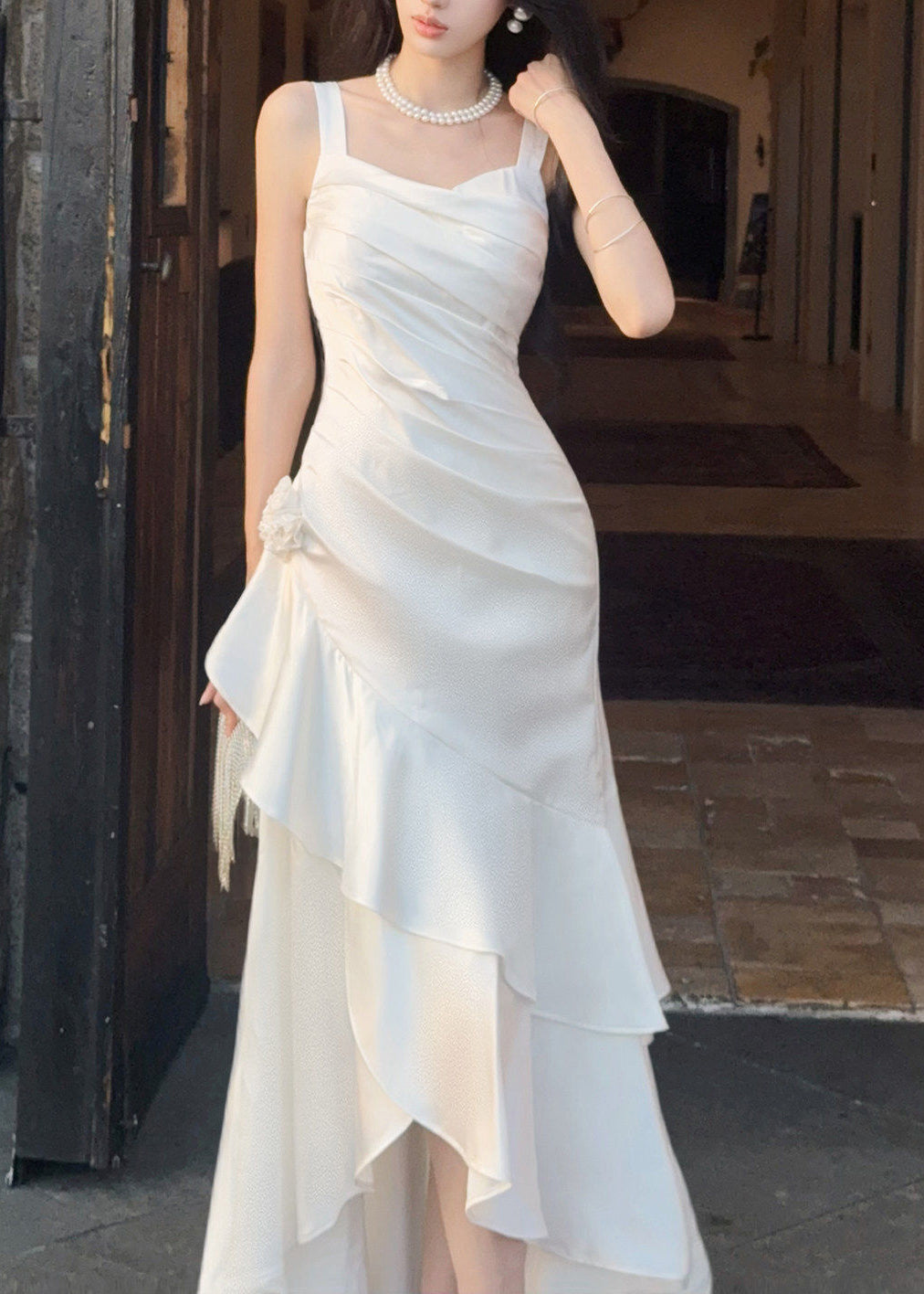 Satin Wide Strap Sweetheart Ruched Rose Applique Tiered Gown - View 2
