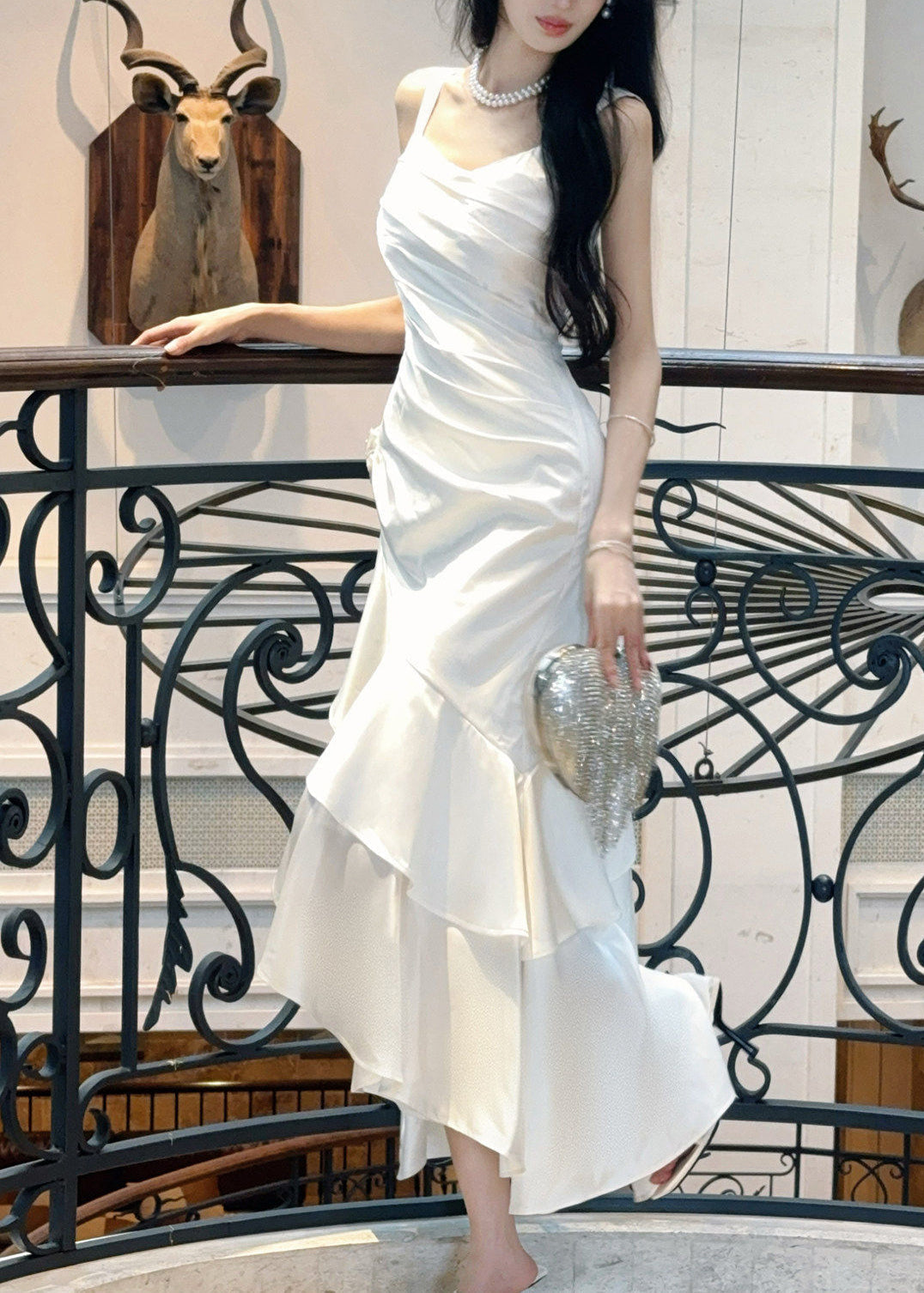 Satin Wide Strap Sweetheart Ruched Rose Applique Tiered Gown - View 3
