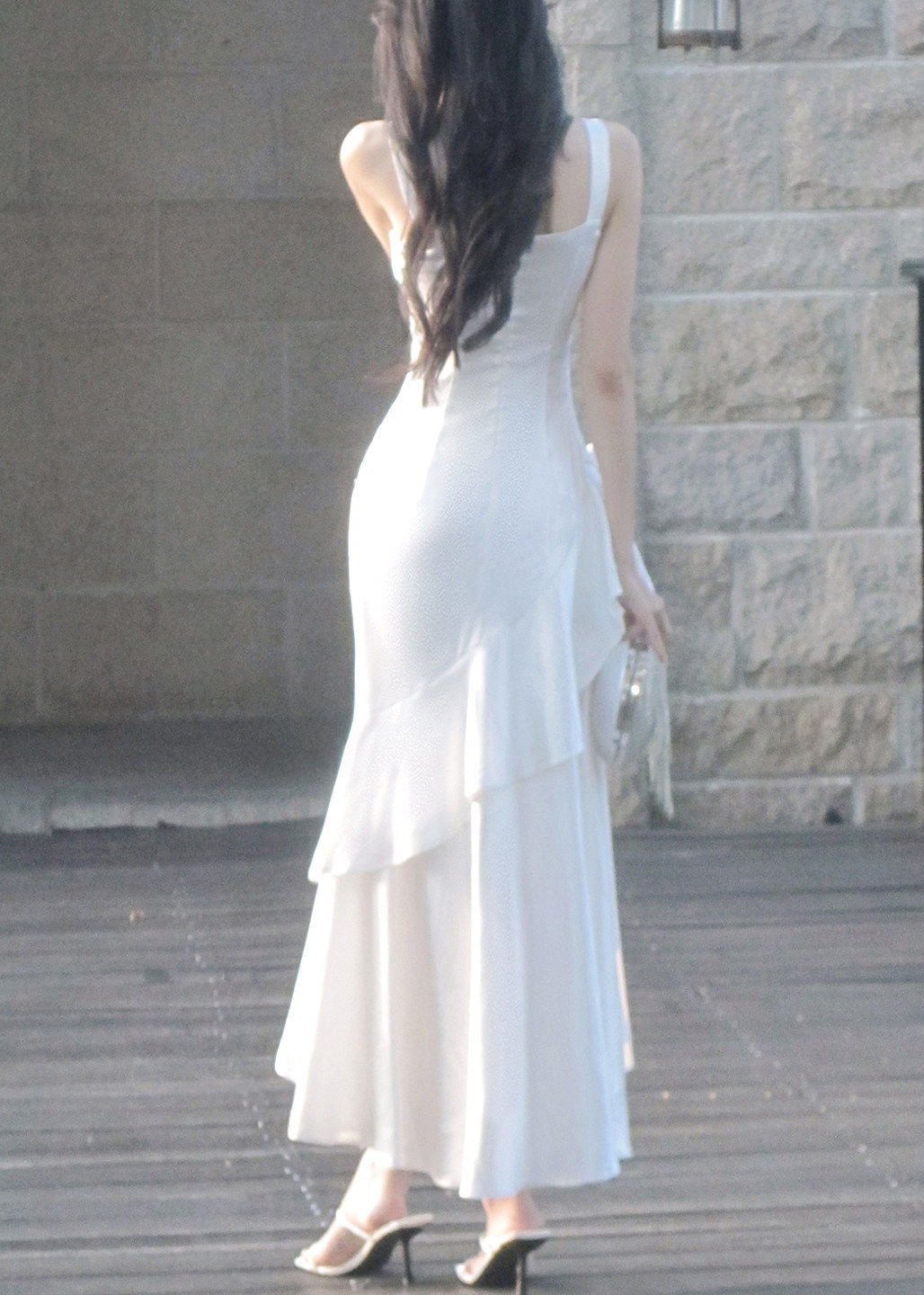 Satin Wide Strap Sweetheart Ruched Rose Applique Tiered Gown - View 5