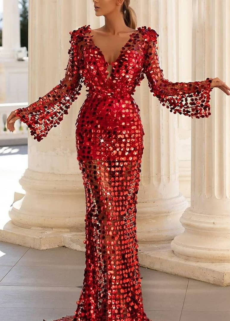 Sequin Deep V-Neck Bell Sleeve Sheer Mermaid Gown - View 2