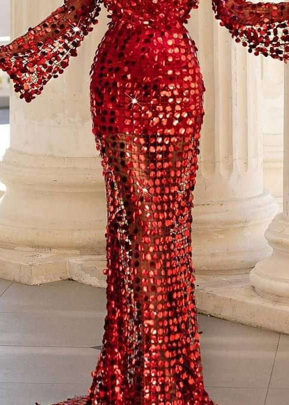 Sequin Deep V-Neck Bell Sleeve Sheer Mermaid Gown - View 4