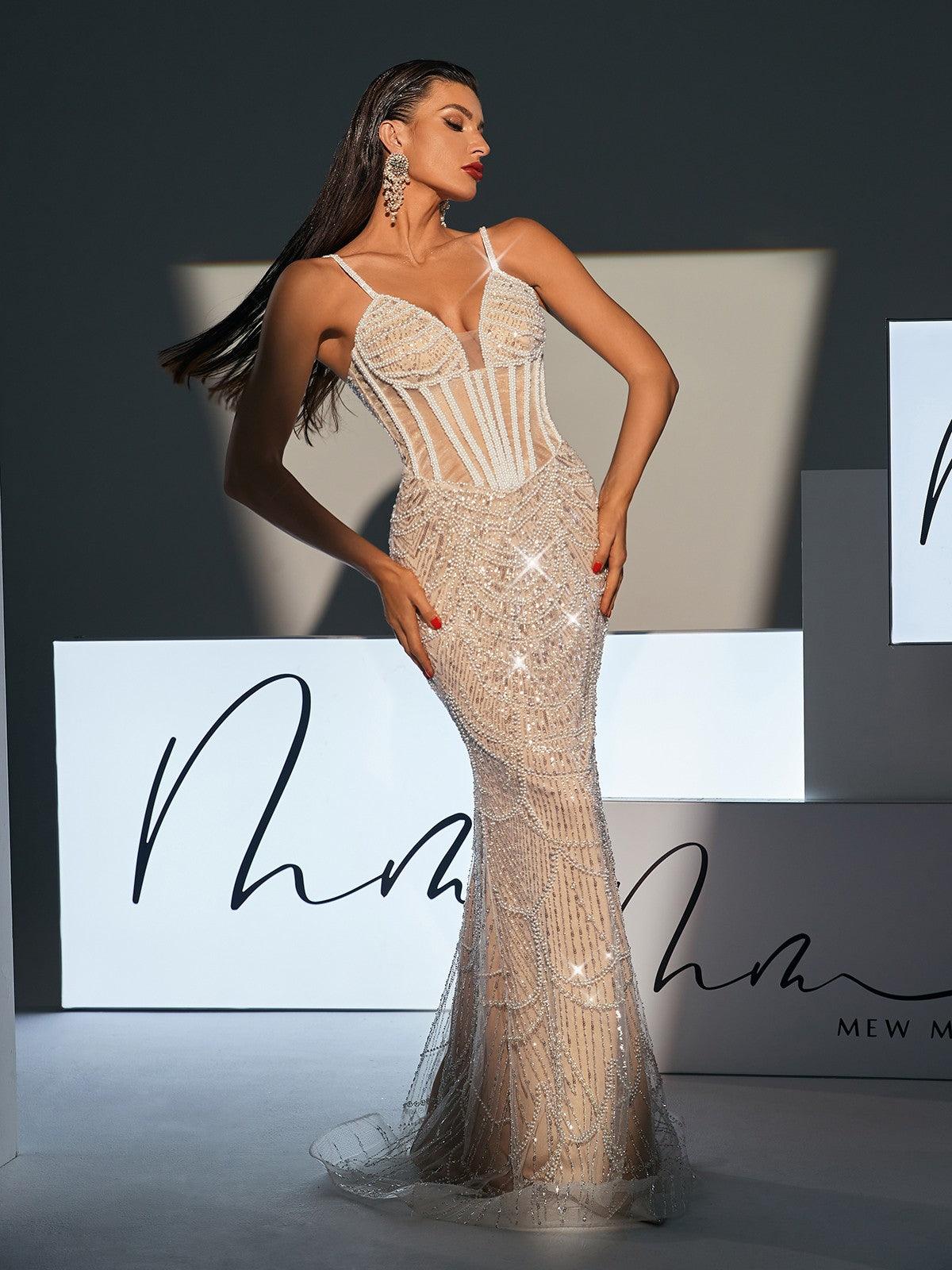 Spaghetti Strap Sweetheart Corset Pearl Beaded Sequin Mermaid Gown - View 2