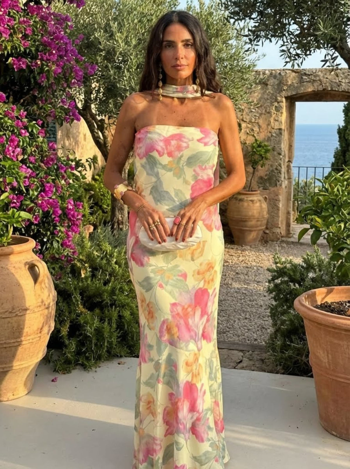 Floral Strapless Choker Neck Mermaid Maxi Dress