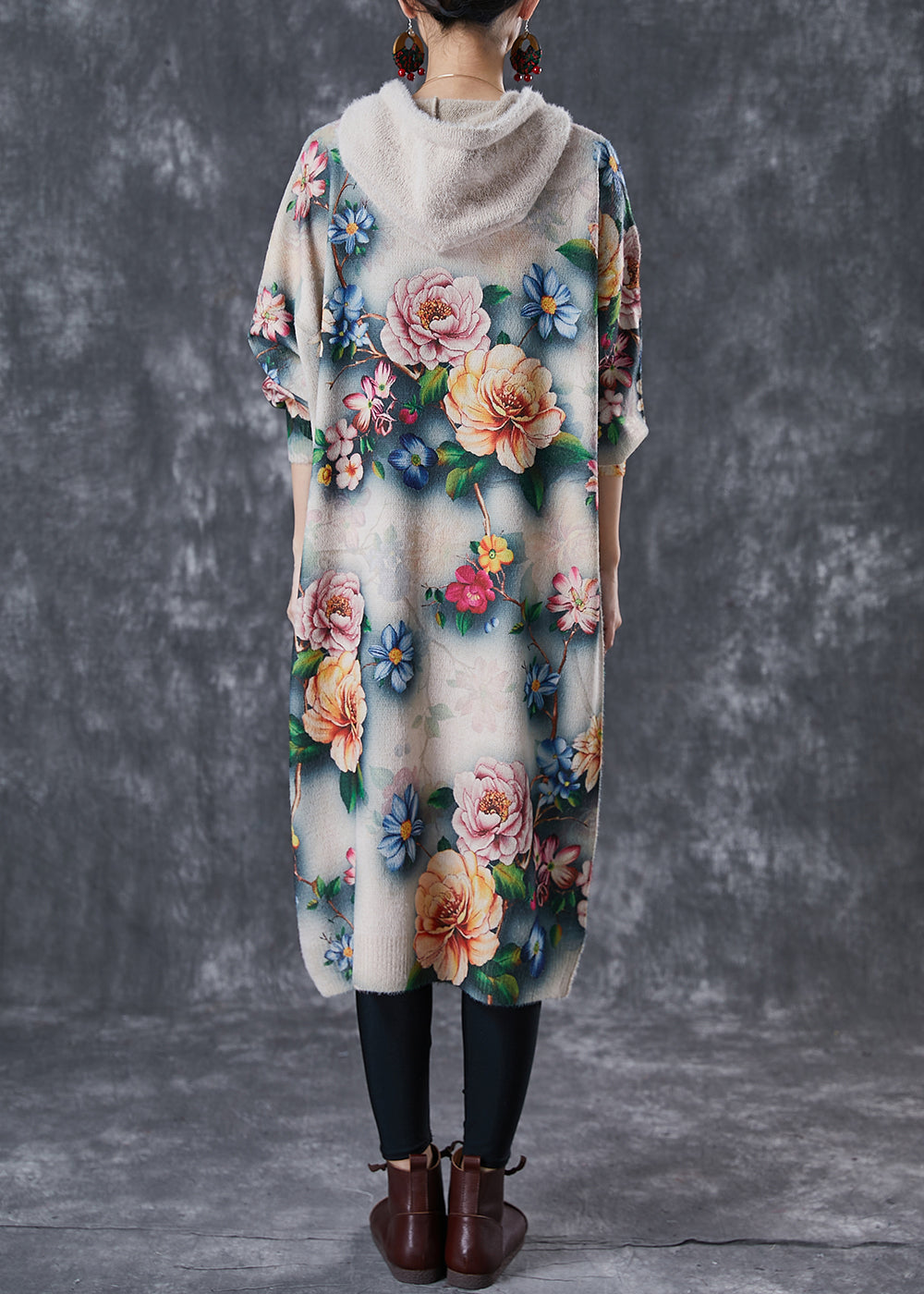 Floral Print Hooded Drawstring Rib Knit Drop Shoulder Midi Dress - View 4