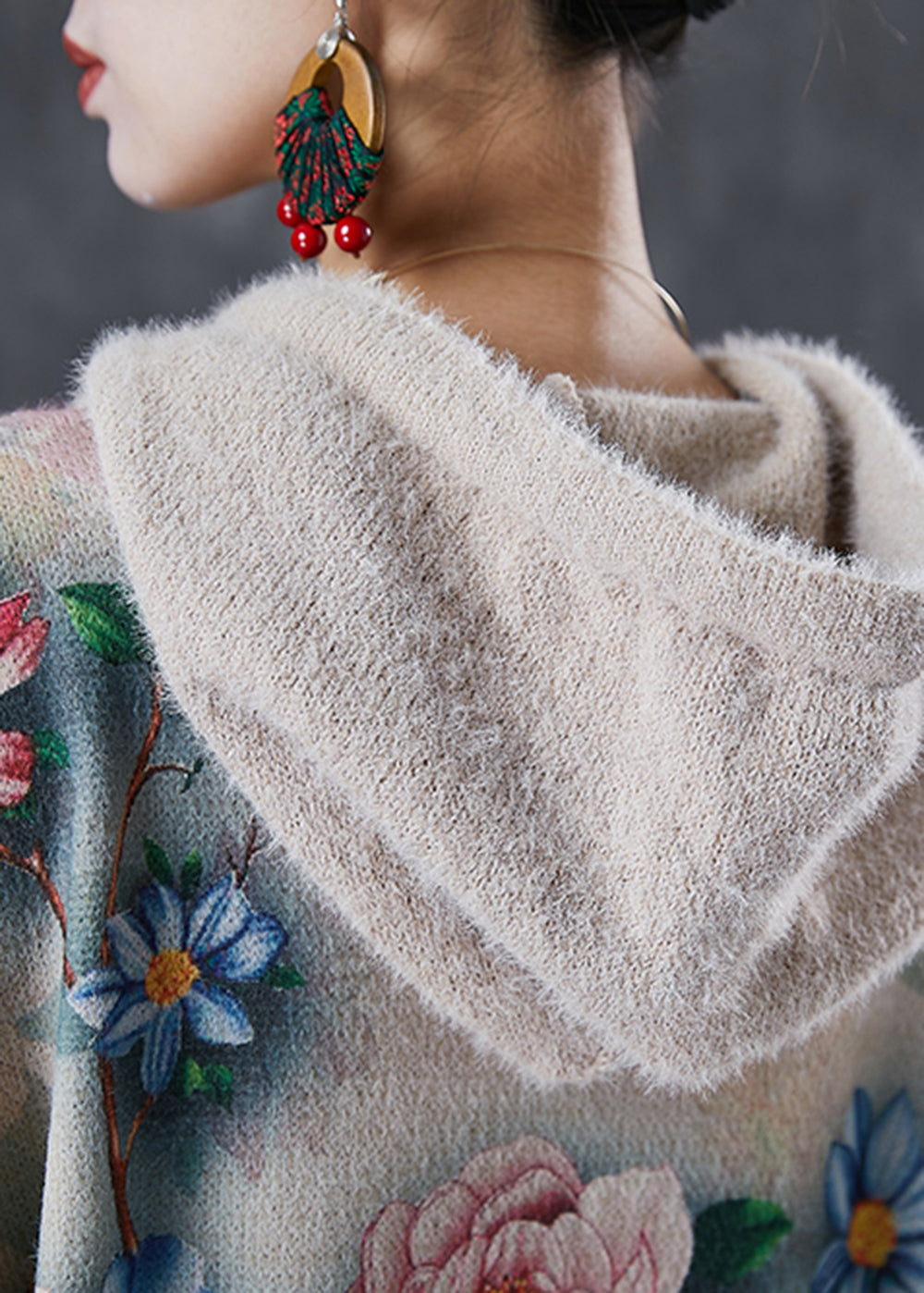 Floral Print Hooded Drawstring Rib Knit Drop Shoulder Midi Dress - View 5