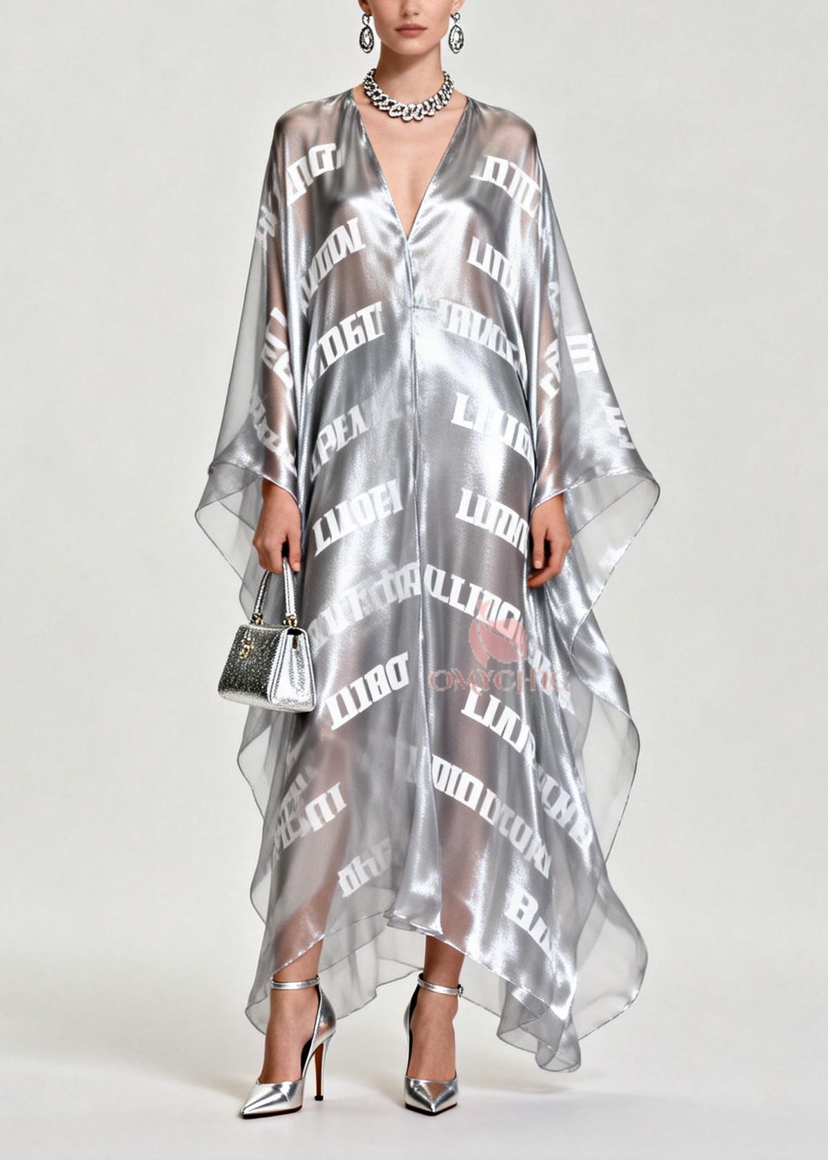 Diy Silvery Oversized Letter Print Chiffon Maxi Dress Summer - View 5