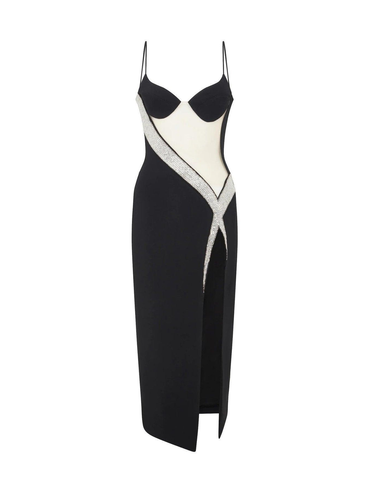 Rhinestone Mesh Panel Sweetheart Spaghetti Strap High Split Bodycon Maxi Gown - View 6