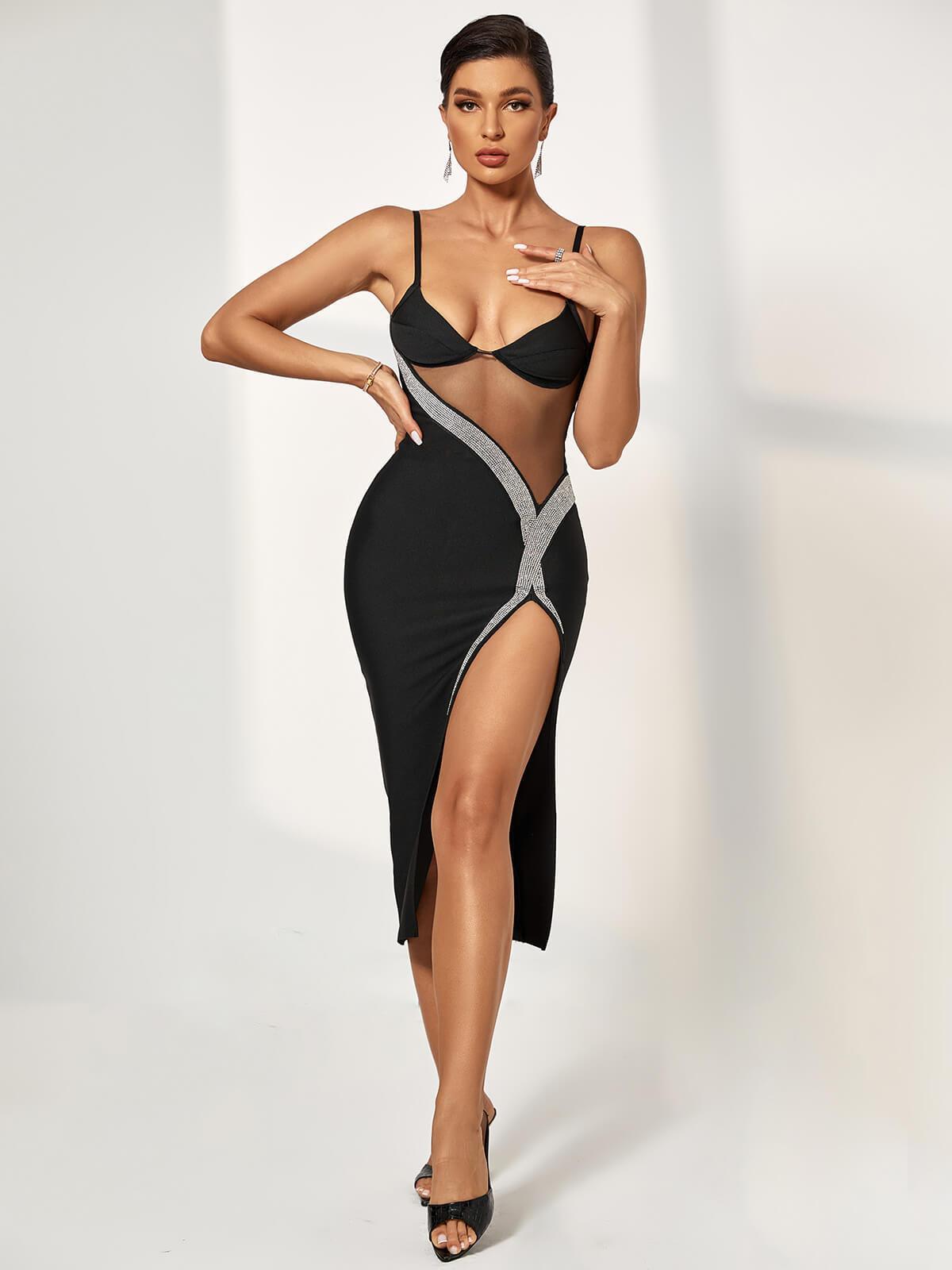 Rhinestone Mesh Panel Sweetheart Spaghetti Strap High Split Bodycon Maxi Gown - View 2