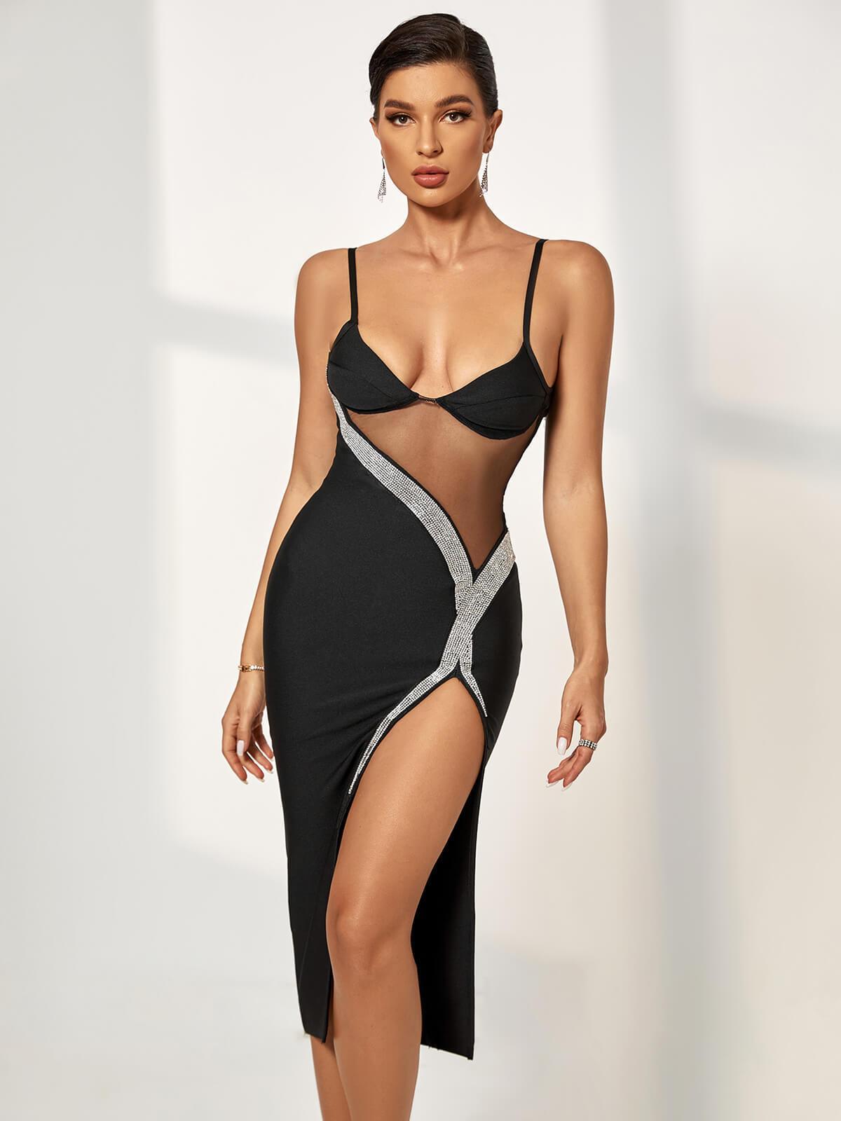 Rhinestone Mesh Panel Sweetheart Spaghetti Strap High Split Bodycon Maxi Gown - View 3