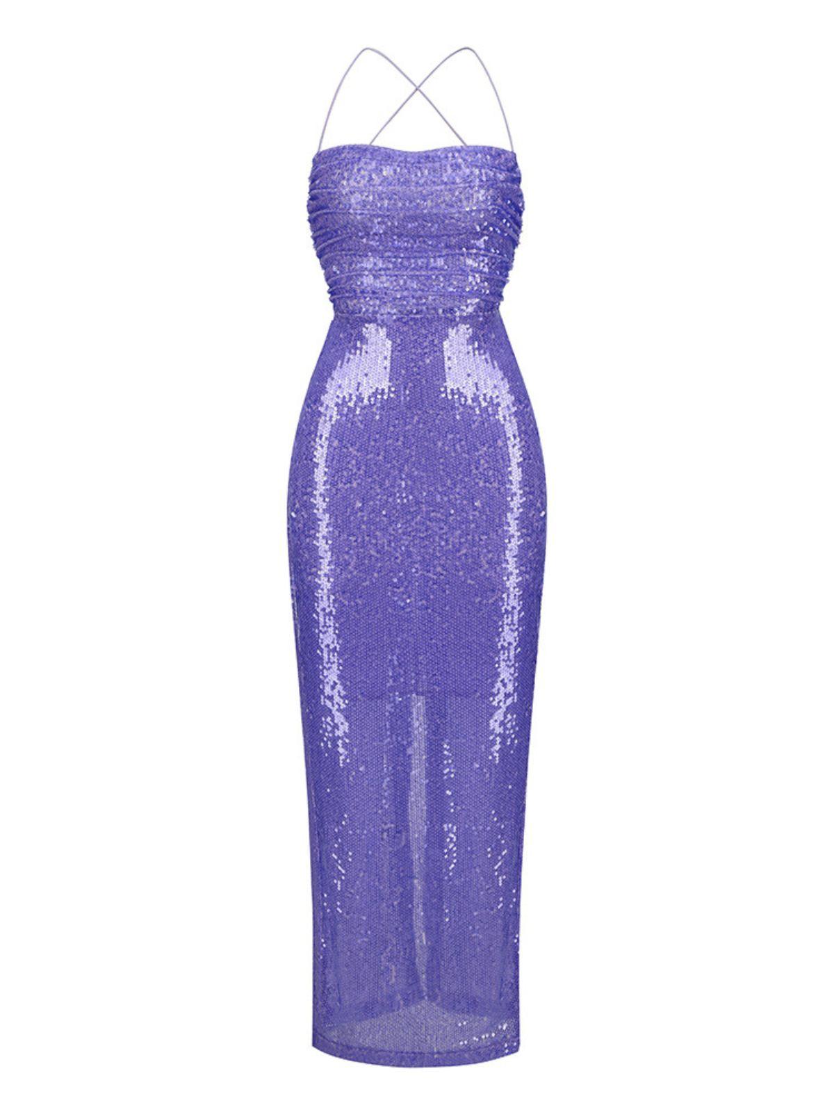 Sequin Spaghetti Strap Cowl Neck Backless Mermaid Maxi Dress - View 6