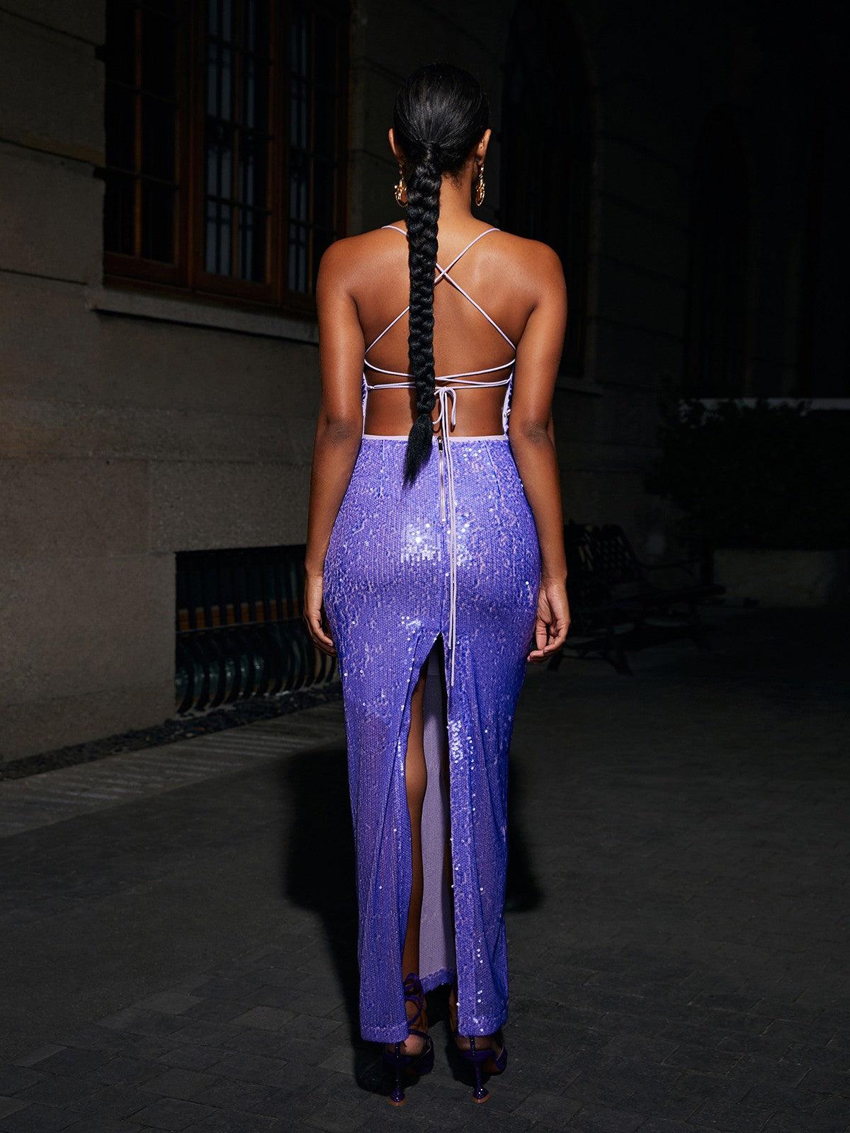 Sequin Spaghetti Strap Cowl Neck Backless Mermaid Maxi Dress - View 5