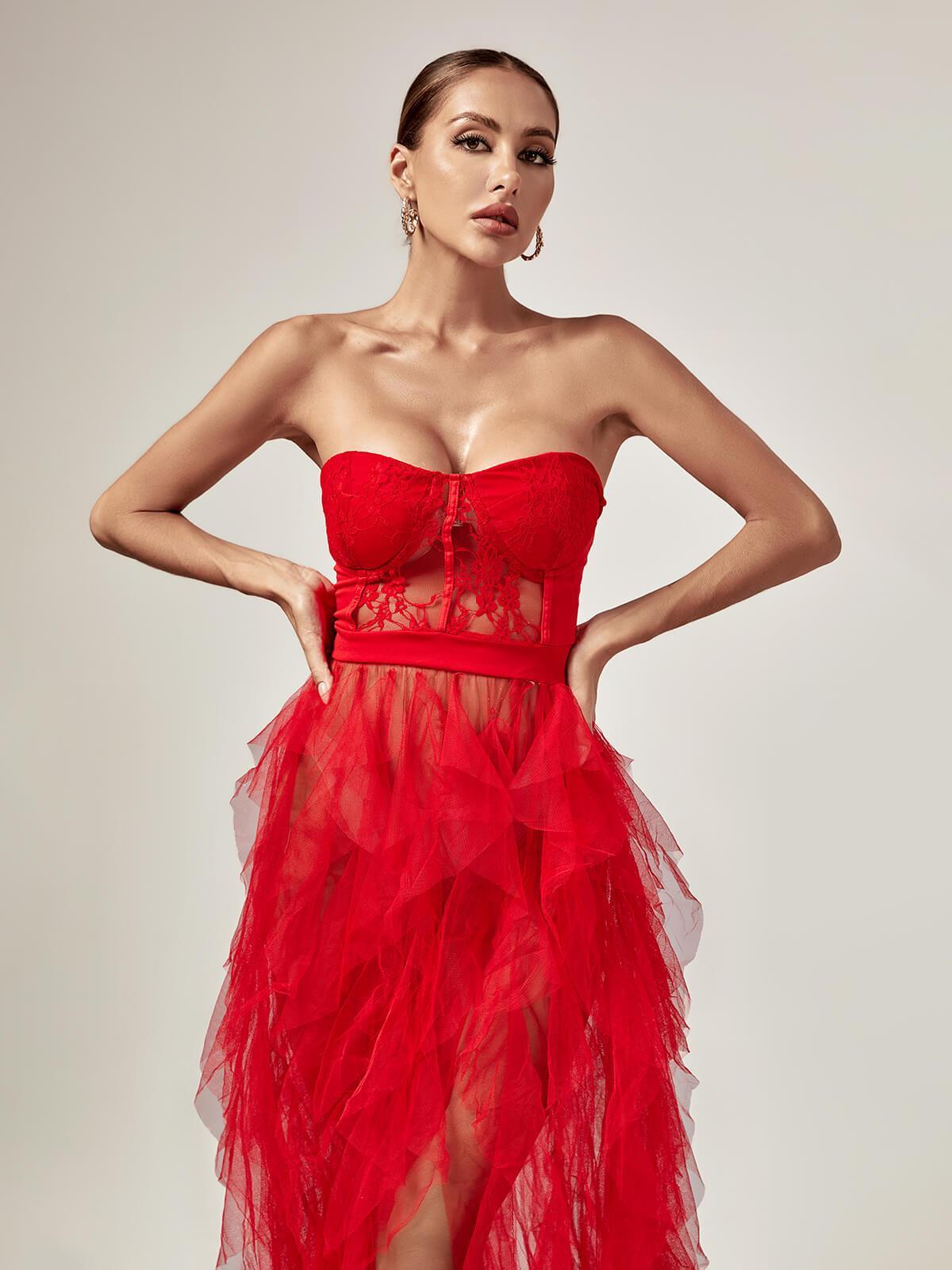 Tulle Strapless Corset Lace High Split Maxi Gown - View 3